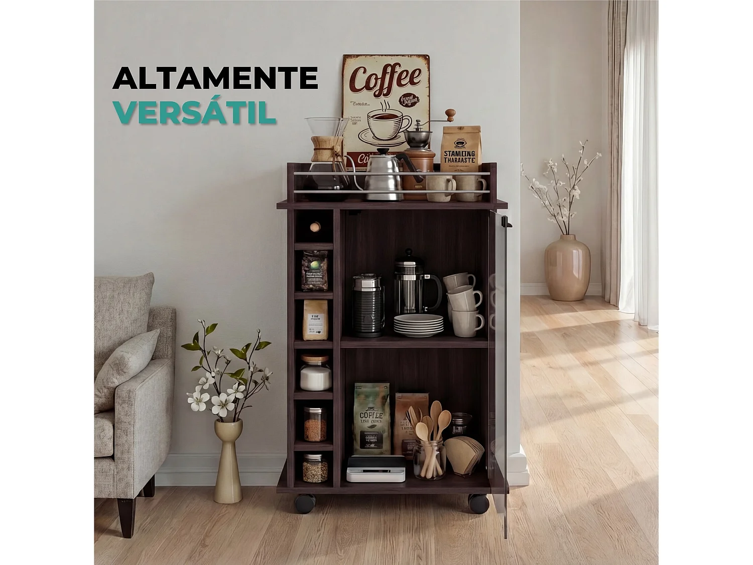 Desserte Dukat de 55 cm avec porte vitrée et roulettes, wengé