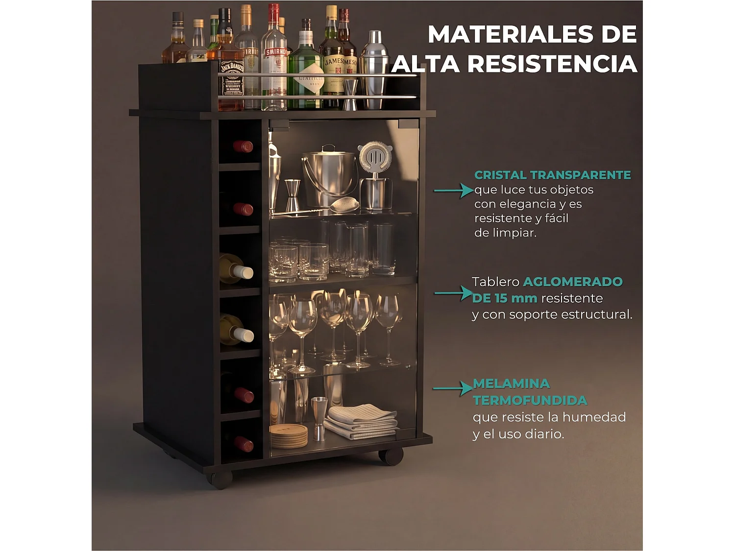 Desserte Dukat de 55 cm avec porte vitrée et roulettes, wengé