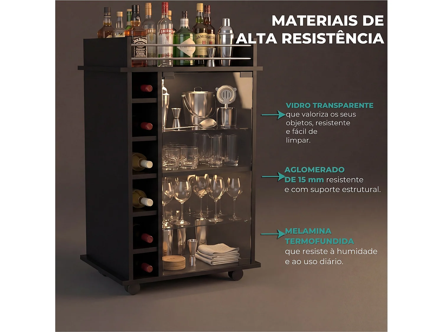 Desserte Dukat de 55 cm avec porte vitrée et roulettes, wengé