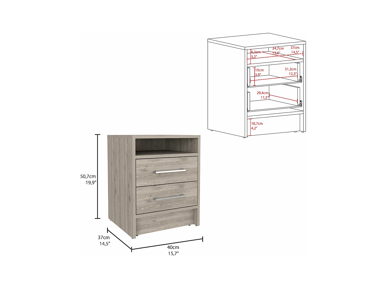 Eter Table de nuit avec deux tiroirs Ceniza , 50.54 cm X 39.87 cm X 37.33 cm , Gris / argenté