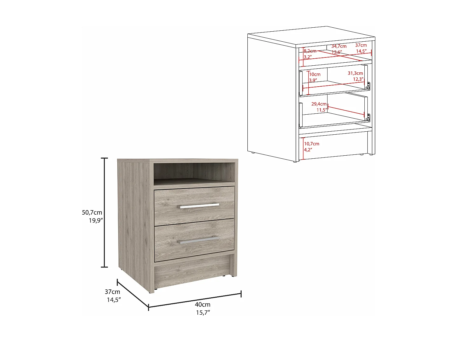 Eter Table de nuit avec deux tiroirs Ceniza , 50.54 cm X 39.87 cm X 37.33 cm , Gris / argenté