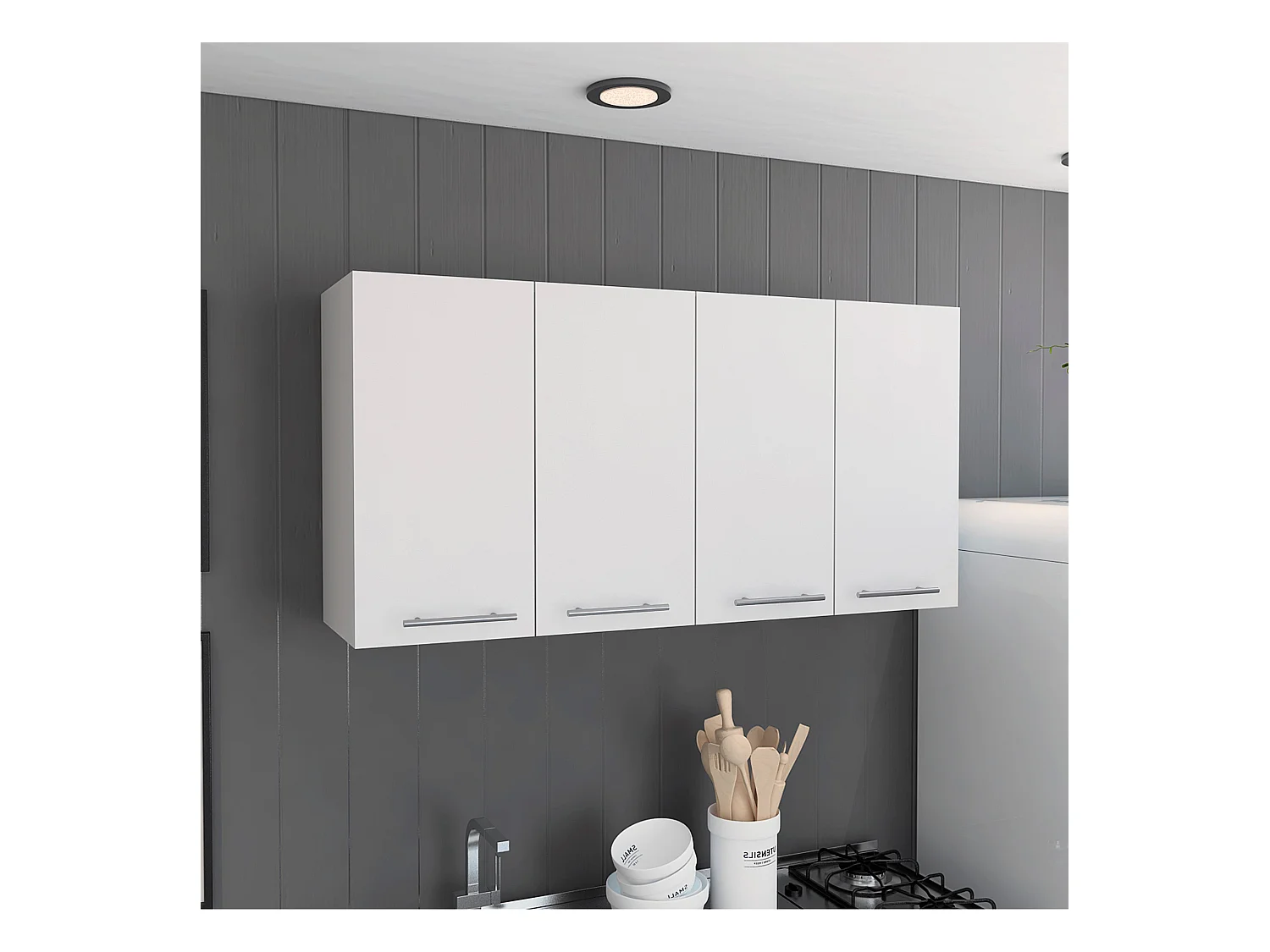 Meuble de cuisine 120 avec quatre portes, deux étagères et rangement pour ustensiles de cuisine , 60 X 120 X 33.5 cm , Blanc