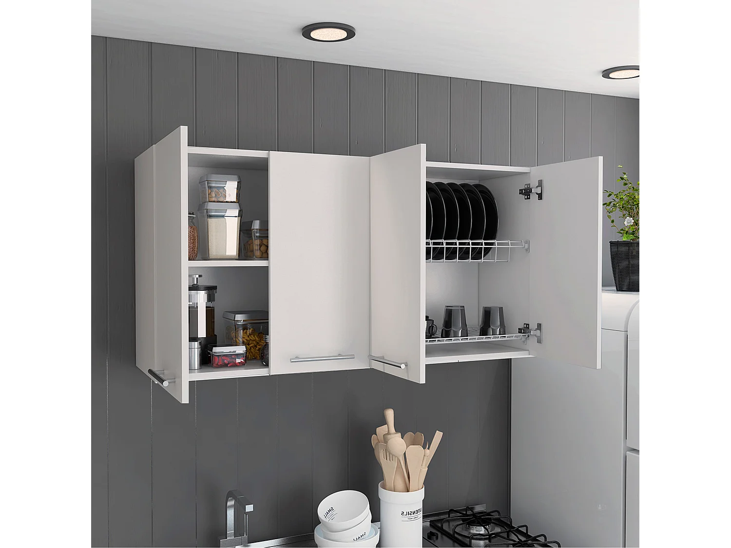 Mueble de Pared para Cocina 120 con cuatro puertas , dos estantes y almacenamiento para menajes , 60 X 120 X 33.5 cm , Blanco