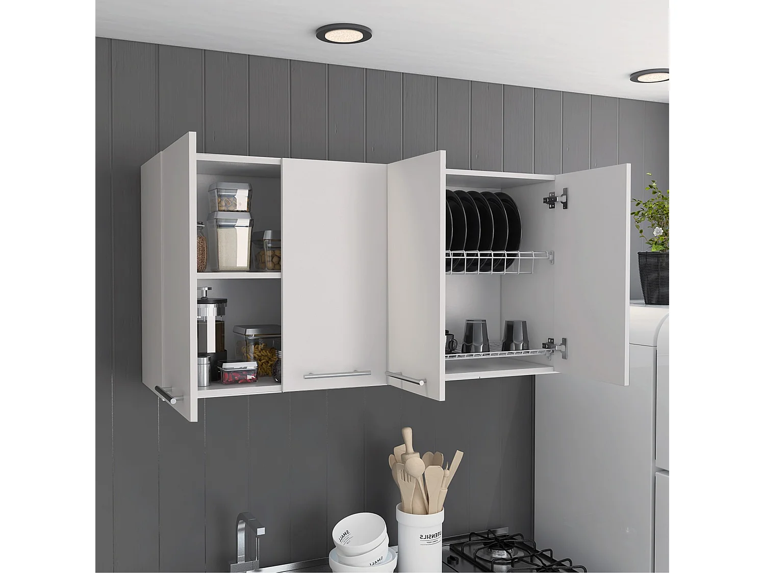 Pensile da cucina da 120 cm con scolapiatti e 4 ante, bianco