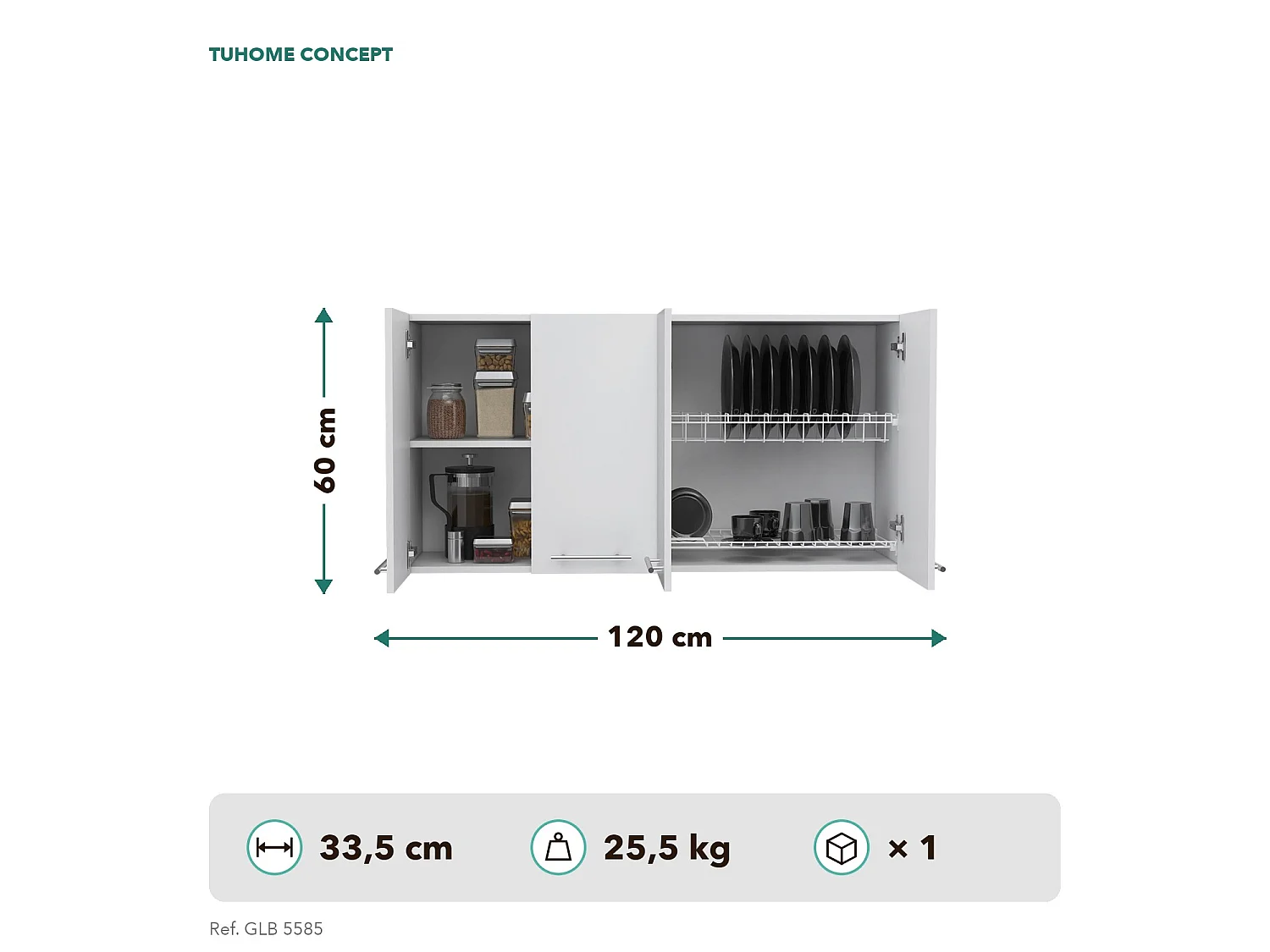Pensile da cucina da 120 cm con scolapiatti e 4 ante, bianco