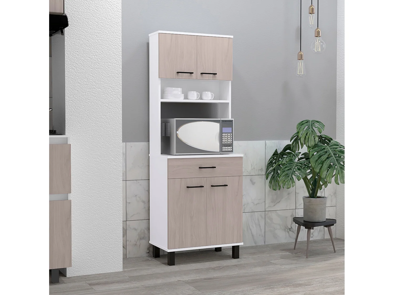 Buffet de cuisine Z60, avec support au micro-ondes et placard de rangement, 160 cm à x 58 cm le x 35 cm P, blanc / nacart.