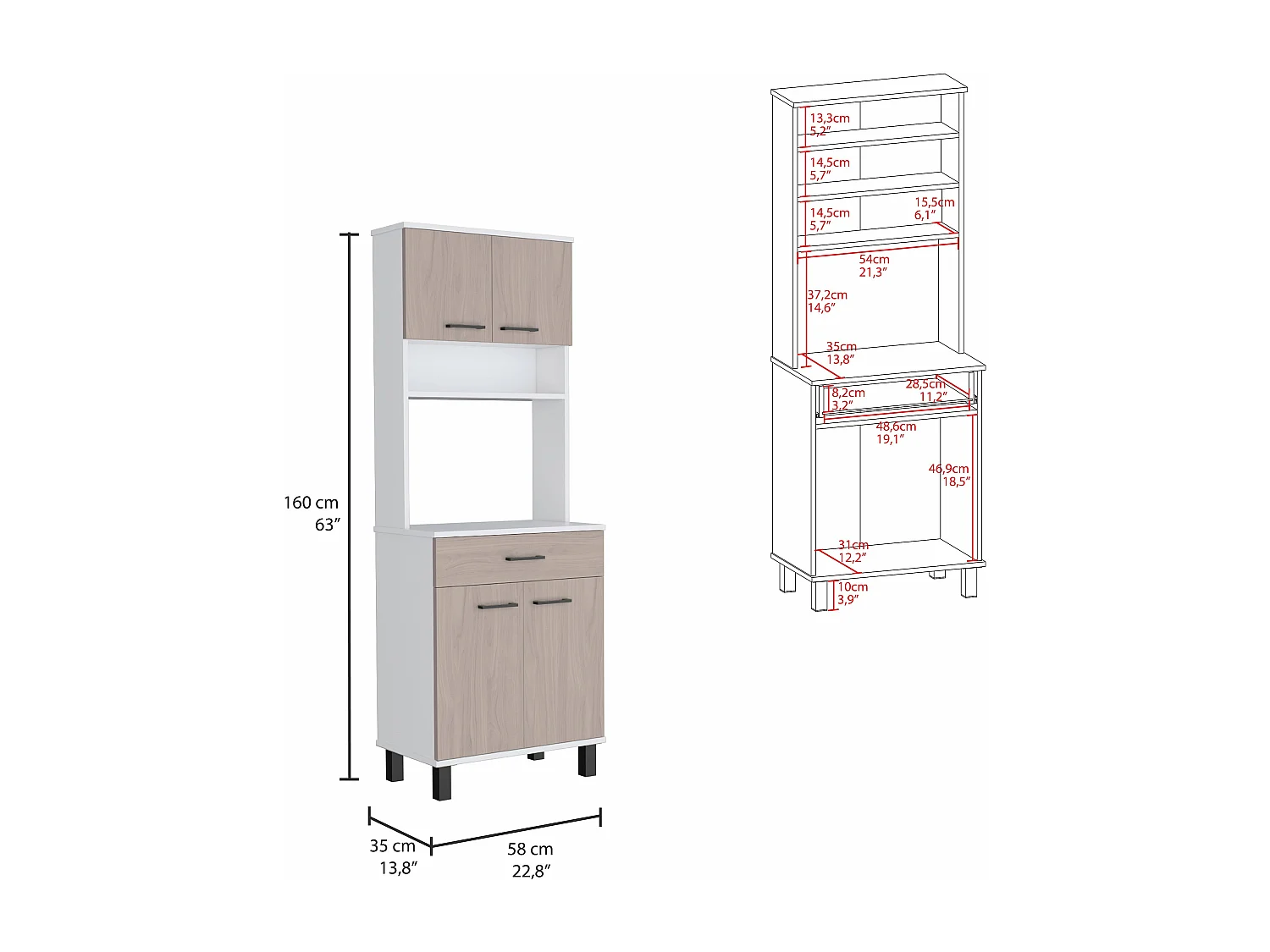 Buffet de cuisine Z60, avec support au micro-ondes et placard de rangement, 160 cm à x 58 cm le x 35 cm P, blanc / nacart.