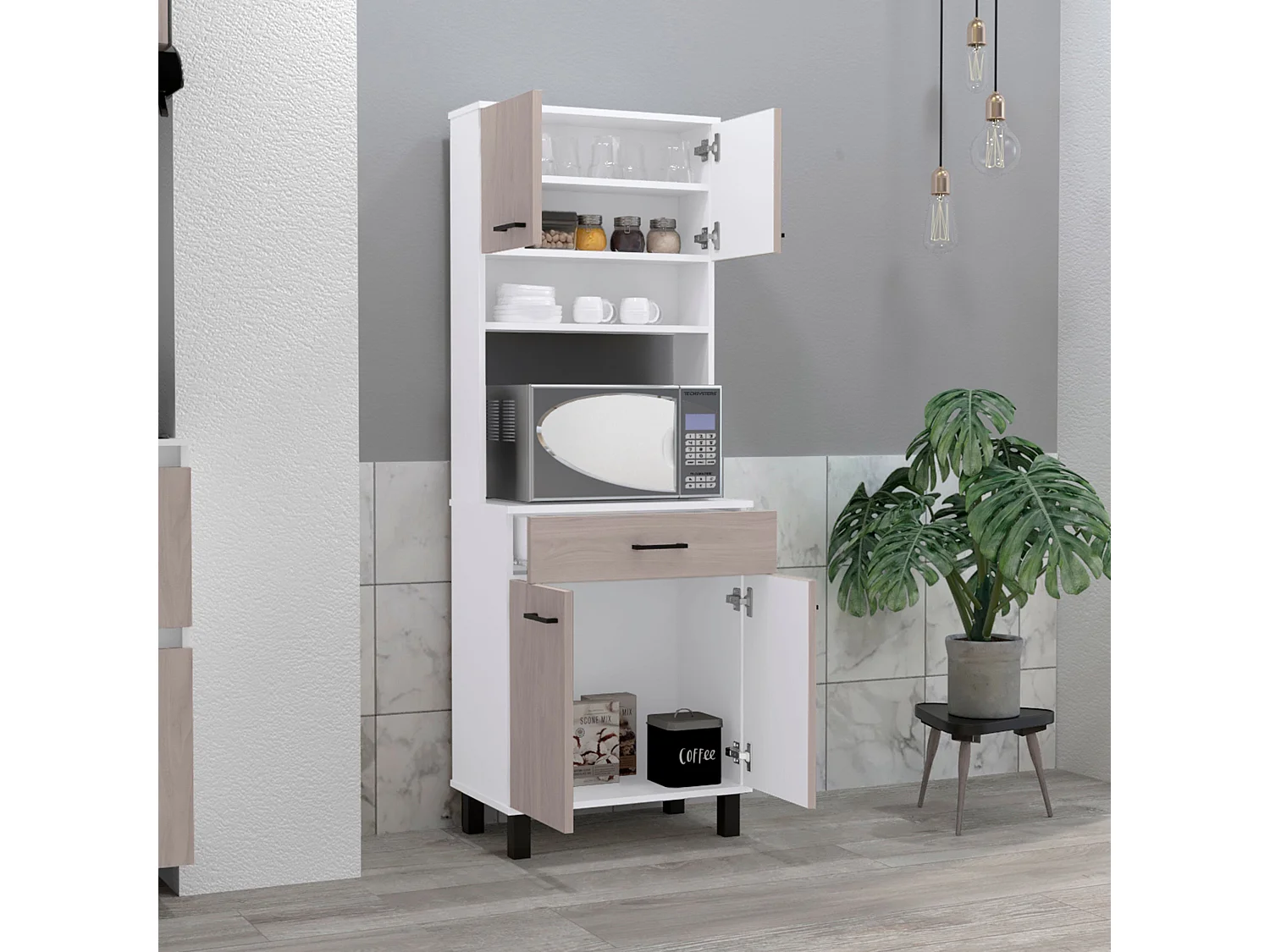 Buffet de cuisine Z60, avec support au micro-ondes et placard de rangement, 160 cm à x 58 cm le x 35 cm P, blanc / nacart.