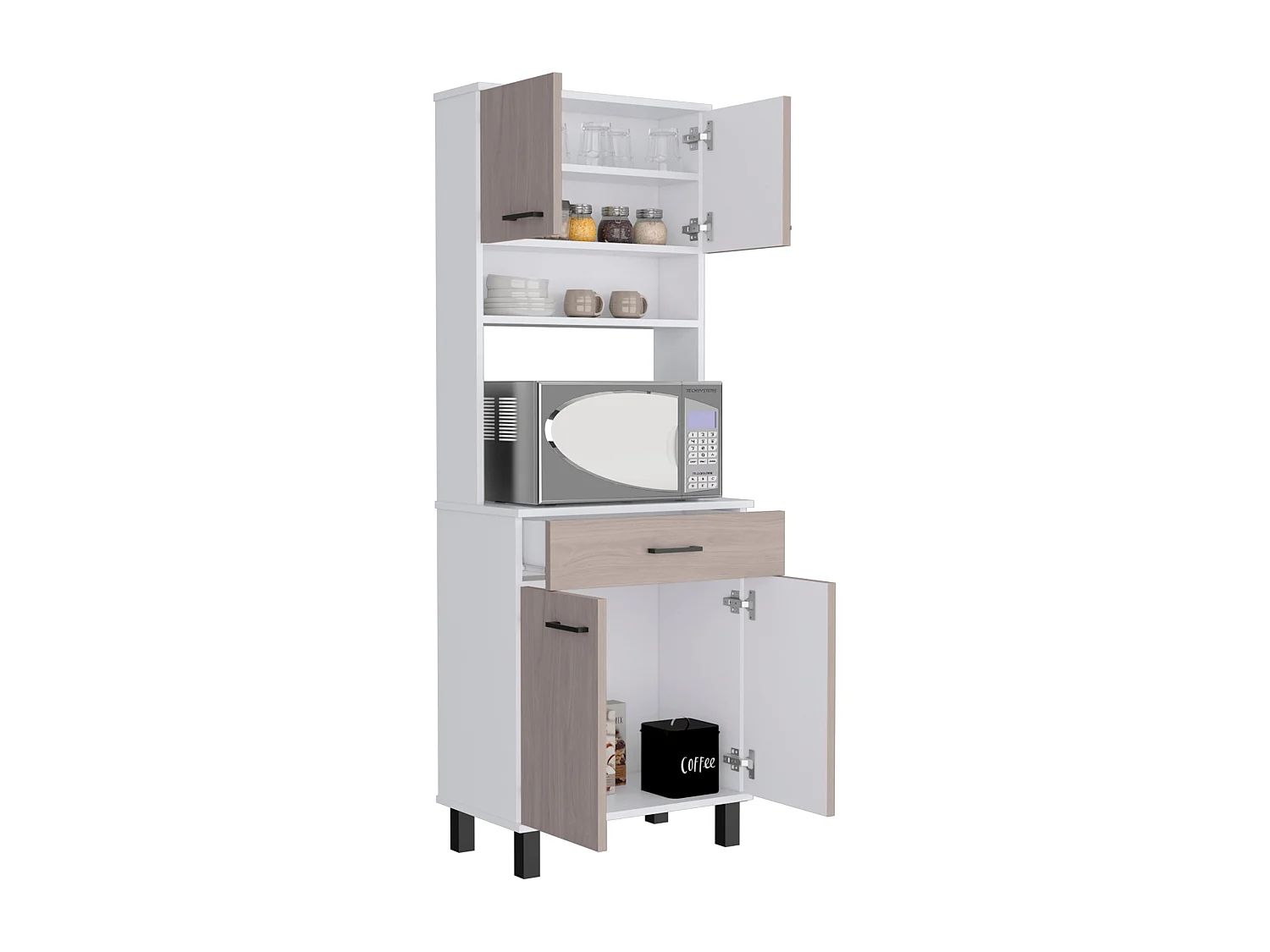 Buffet de cuisine Z60, avec support au micro-ondes et placard de rangement, 160 cm à x 58 cm le x 35 cm P, blanc / nacart.