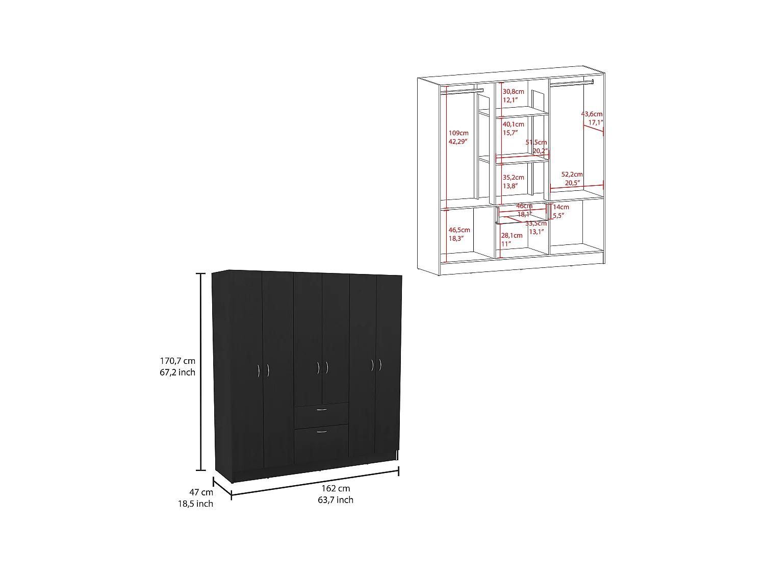 Armario de 6 Puertas Mitu con un cajón y gabinete , 181 cm  X 162 cm  X 47.29 cm  , Negro