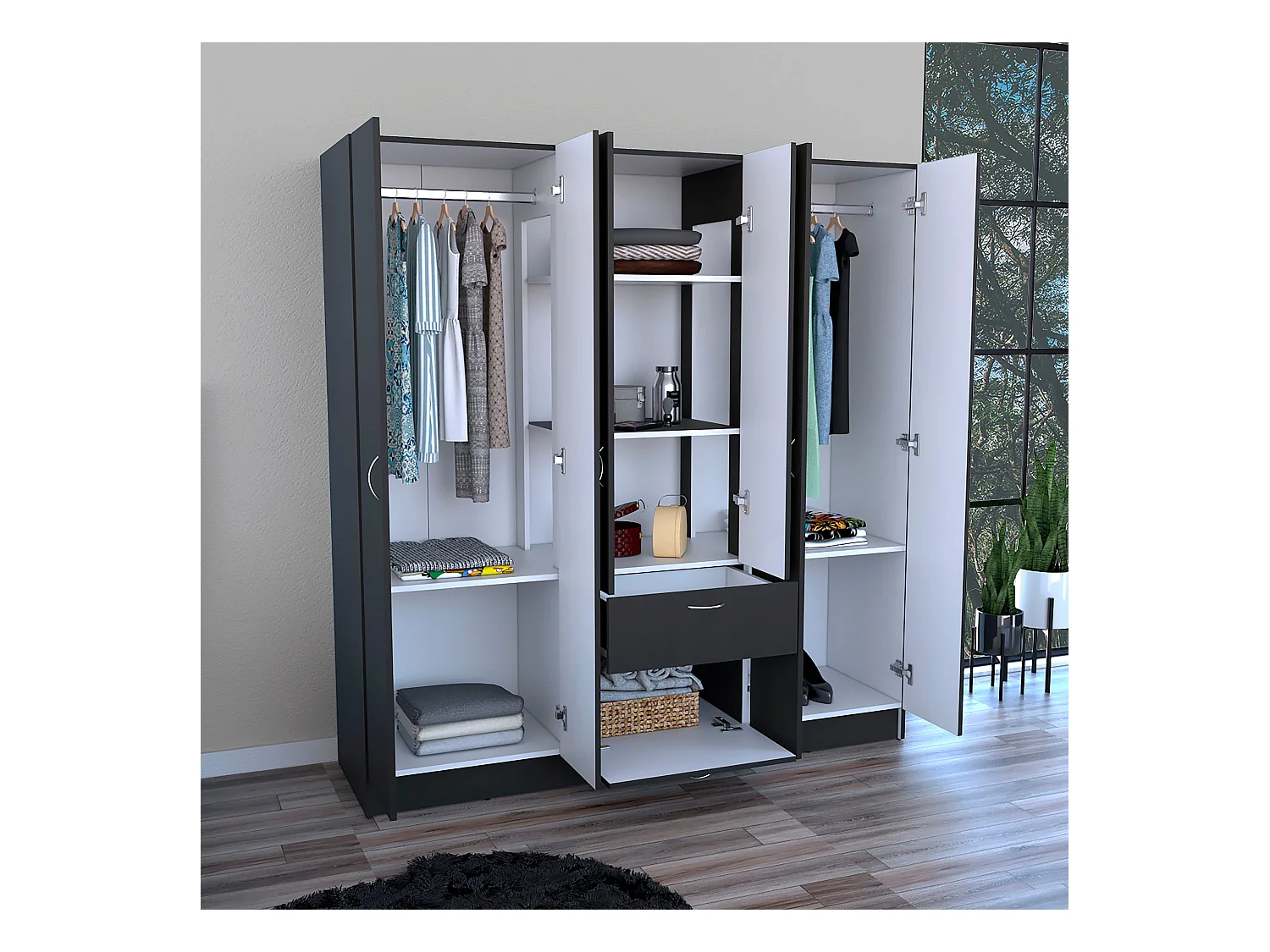 Armario de 6 Puertas Mitu con un cajón y gabinete , 181 cm  X 162 cm  X 47.29 cm  , Negro