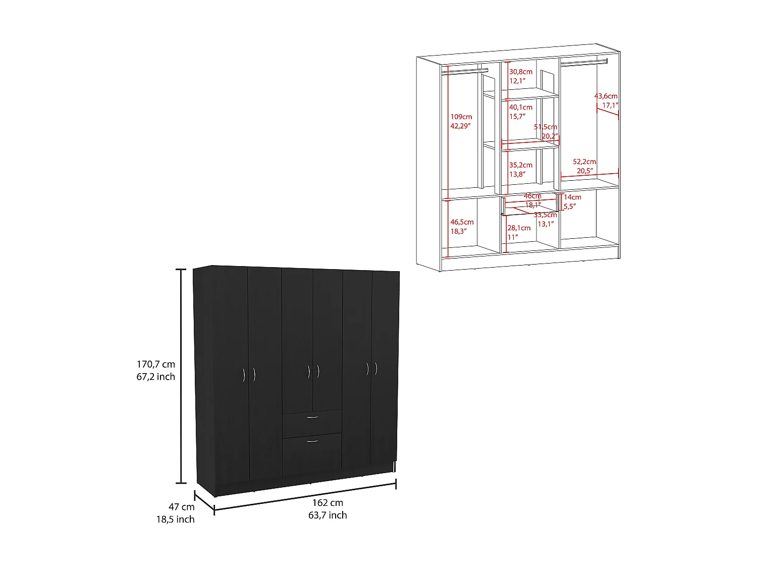 Armario de 6 Puertas Mitu con un cajón y gabinete , 181 cm  X 162 cm  X 47.29 cm  , Negro