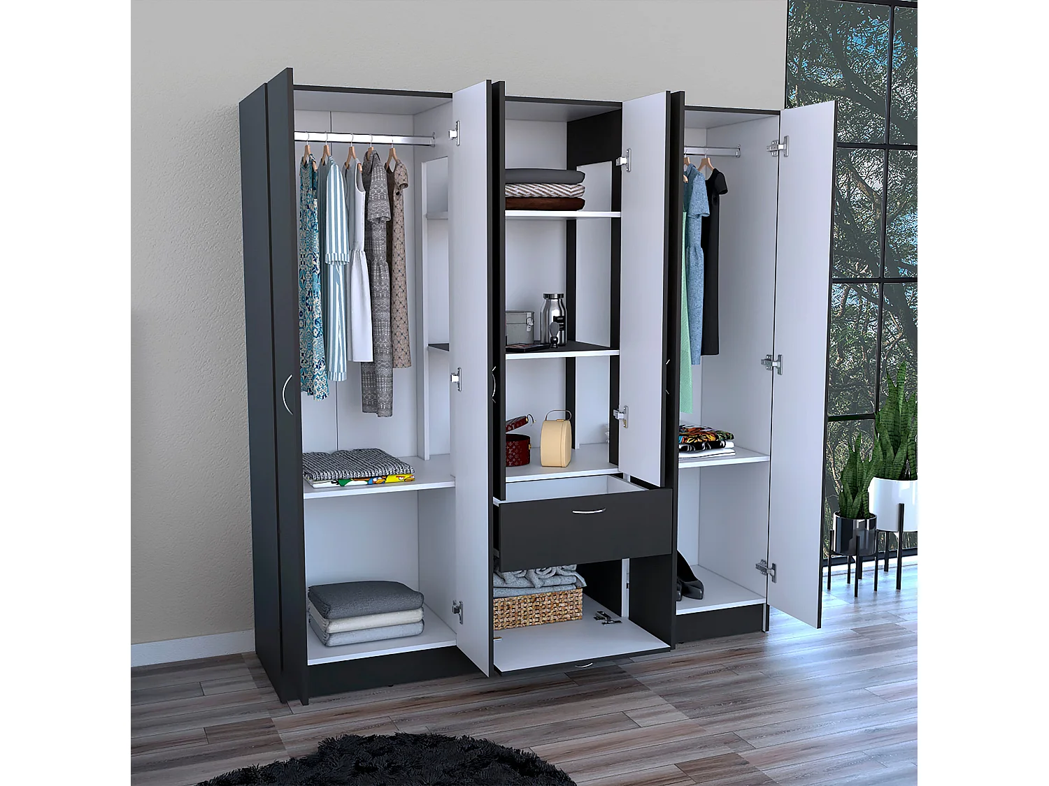 Armario de 6 Puertas Mitu con un cajón y gabinete , 181 cm  X 162 cm  X 47.29 cm  , Negro