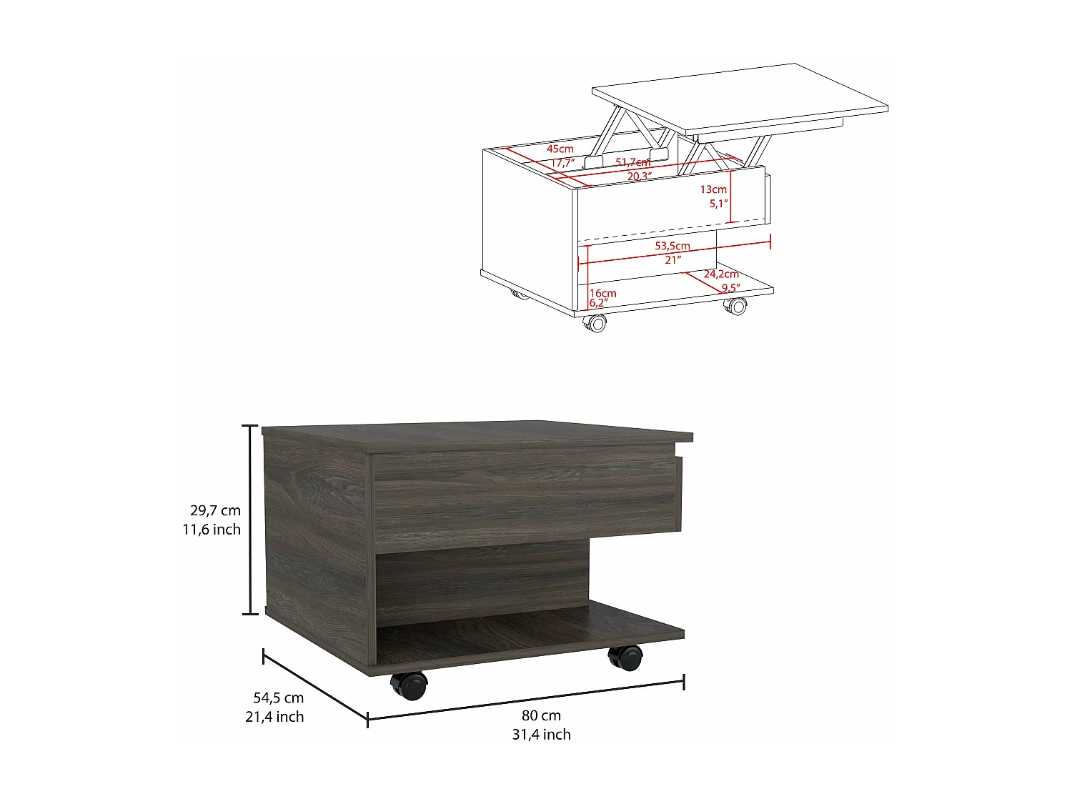 Mesa de Centro Elevable Luanda con ruedas  , 29.46 cm  X 79.75 cm  X 54.35 cm  , Carbón