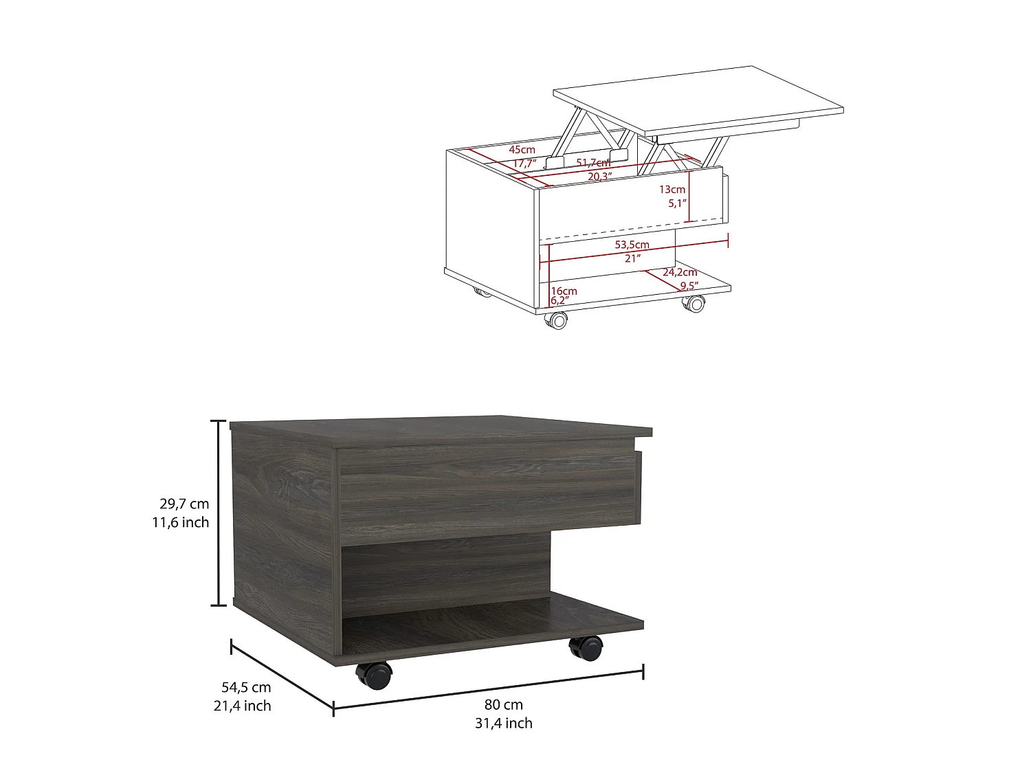 TUHOME CONCEPT Table basse relevable Luanda de 55 cm, gris anthracite