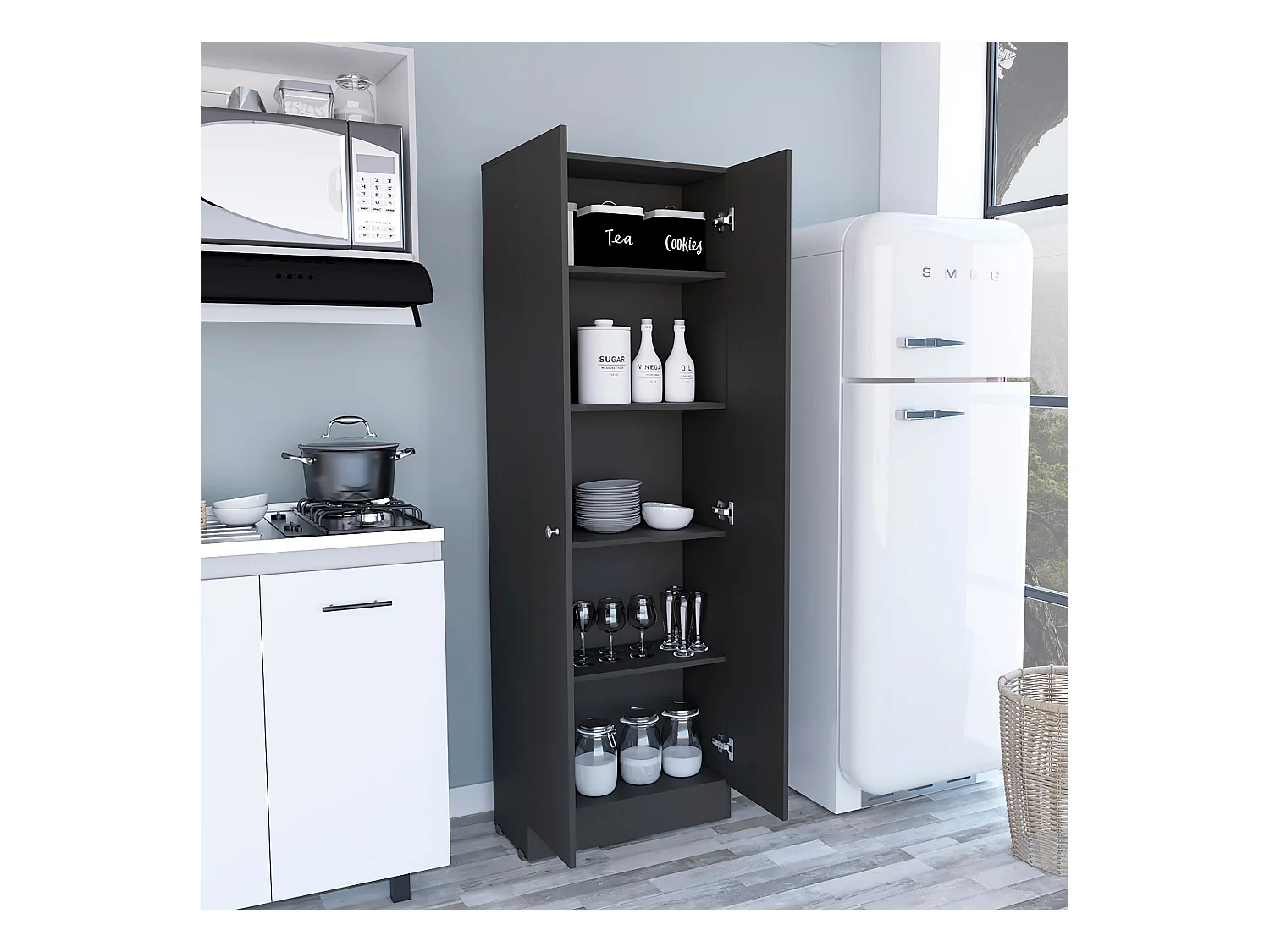 Z 60 Armário multifunções com duas portas e prateleiras interiores , 180.59 cm X 59.94 cm X 29.97 cm , Preto