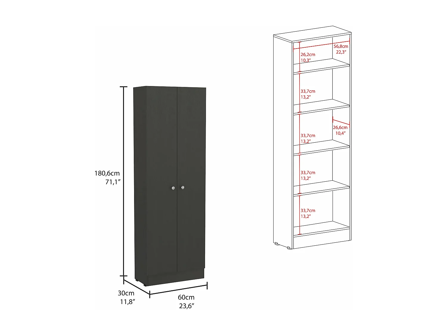 Z 60 Armoire multifonctionnelle avec deux portes et étagères intérieures , 180.59 cm X 59.94 cm X 29.97 cm , Noir