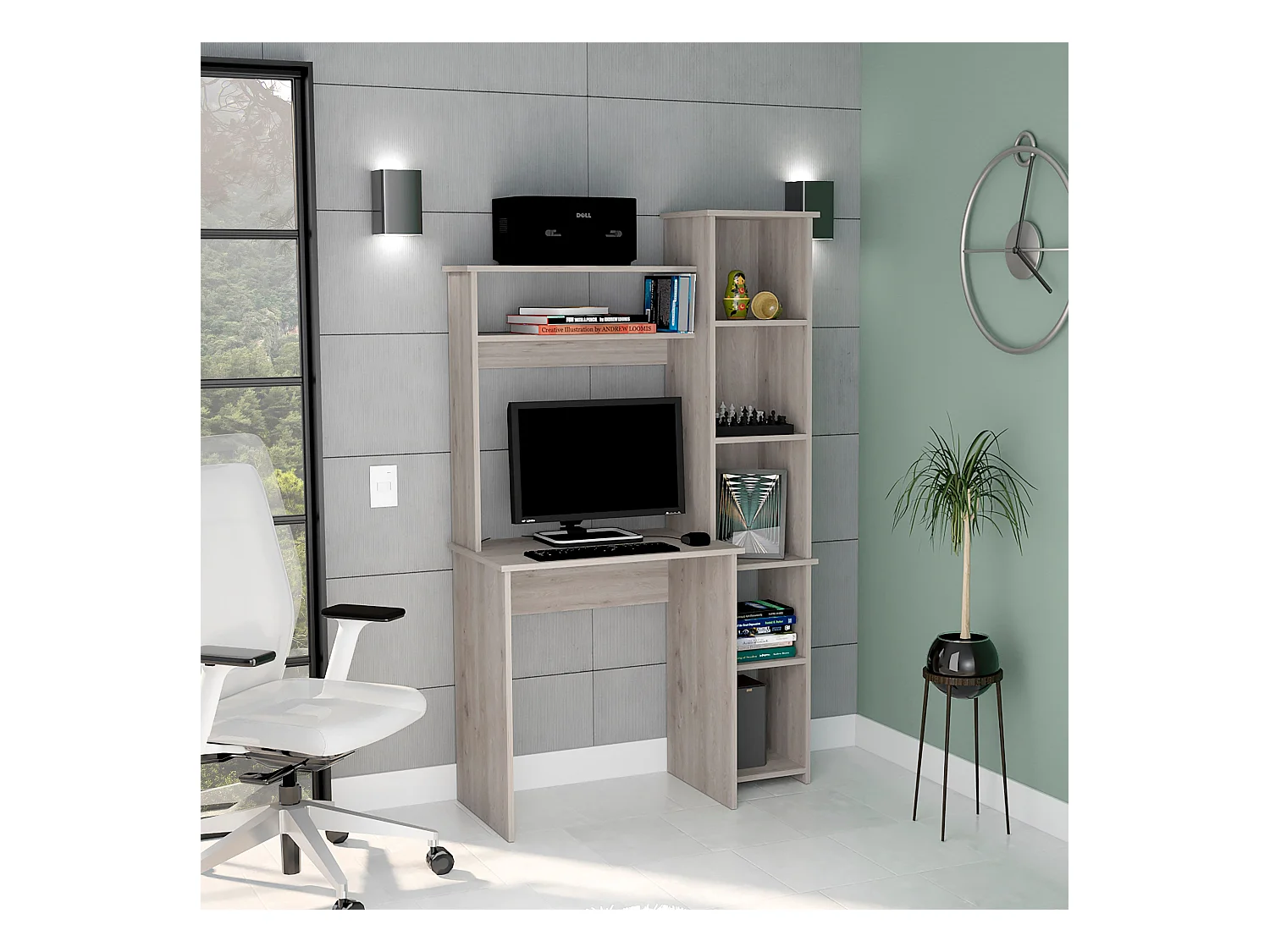 Mesa de Escritorio Versalles con estantería , 162.30 cm  X 98.29 cm  X 45.21 cm  ,  Ceniza