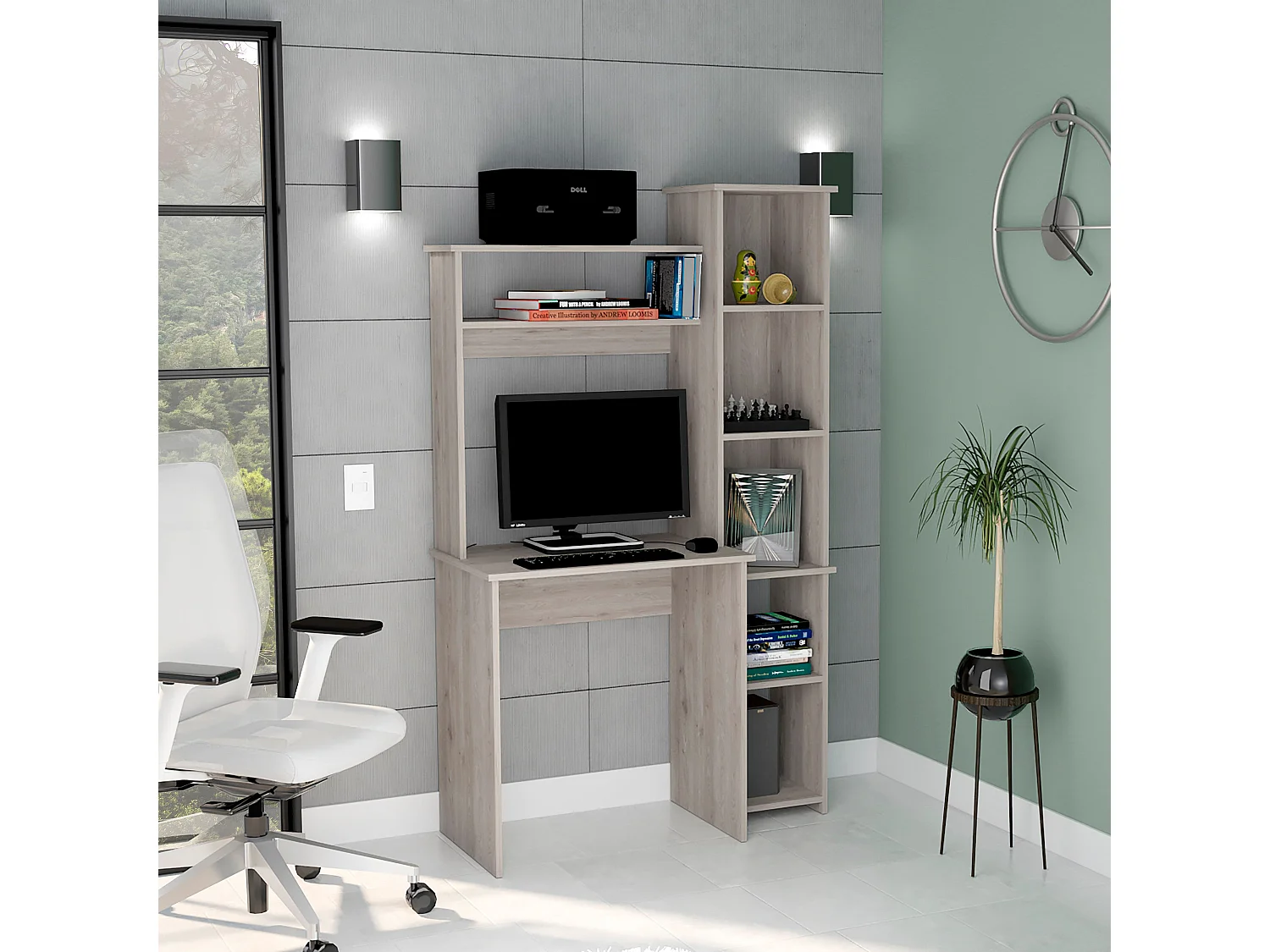 Secretária Versailles com estante, 162.30 cm X 98.29 cm X 45.21 cm, Freixo