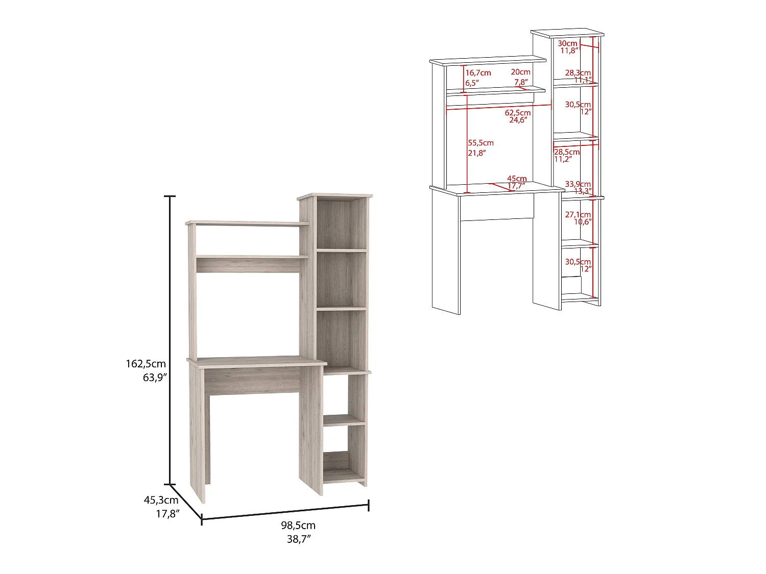 Secretária Versalles de 98 cm com estante, cinza