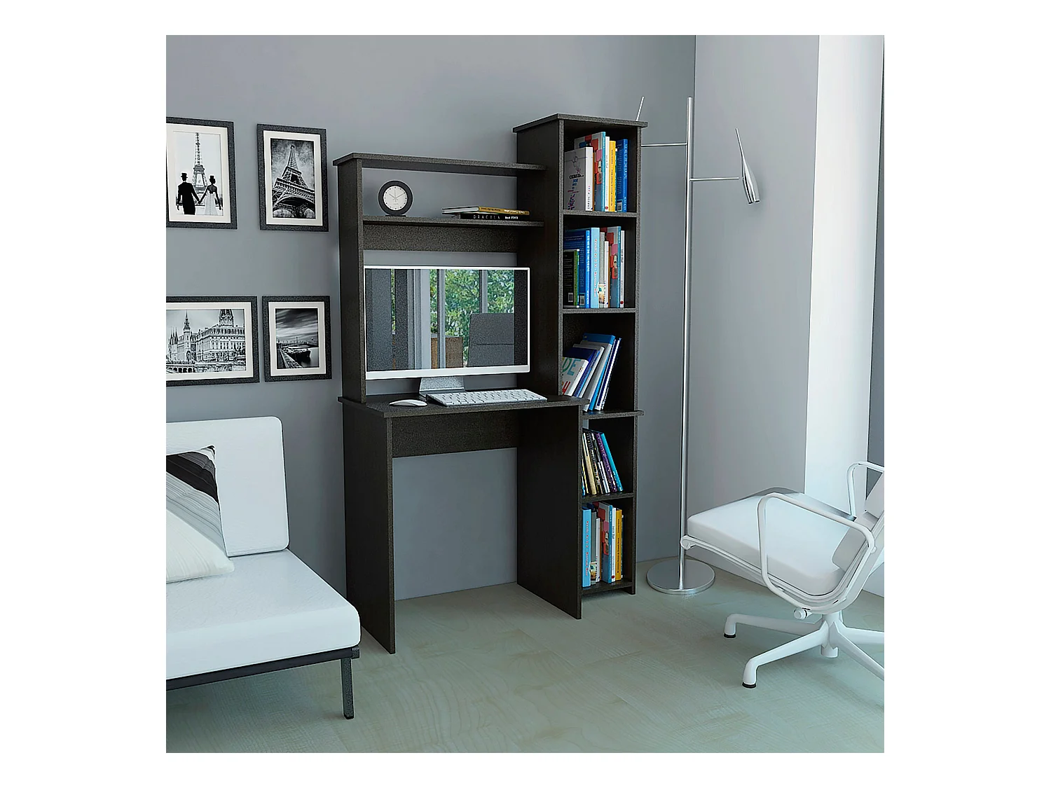 Bureau Versailles avec étagère , 162.30 cm X 98.29 cm X 45.21 cm , Noir