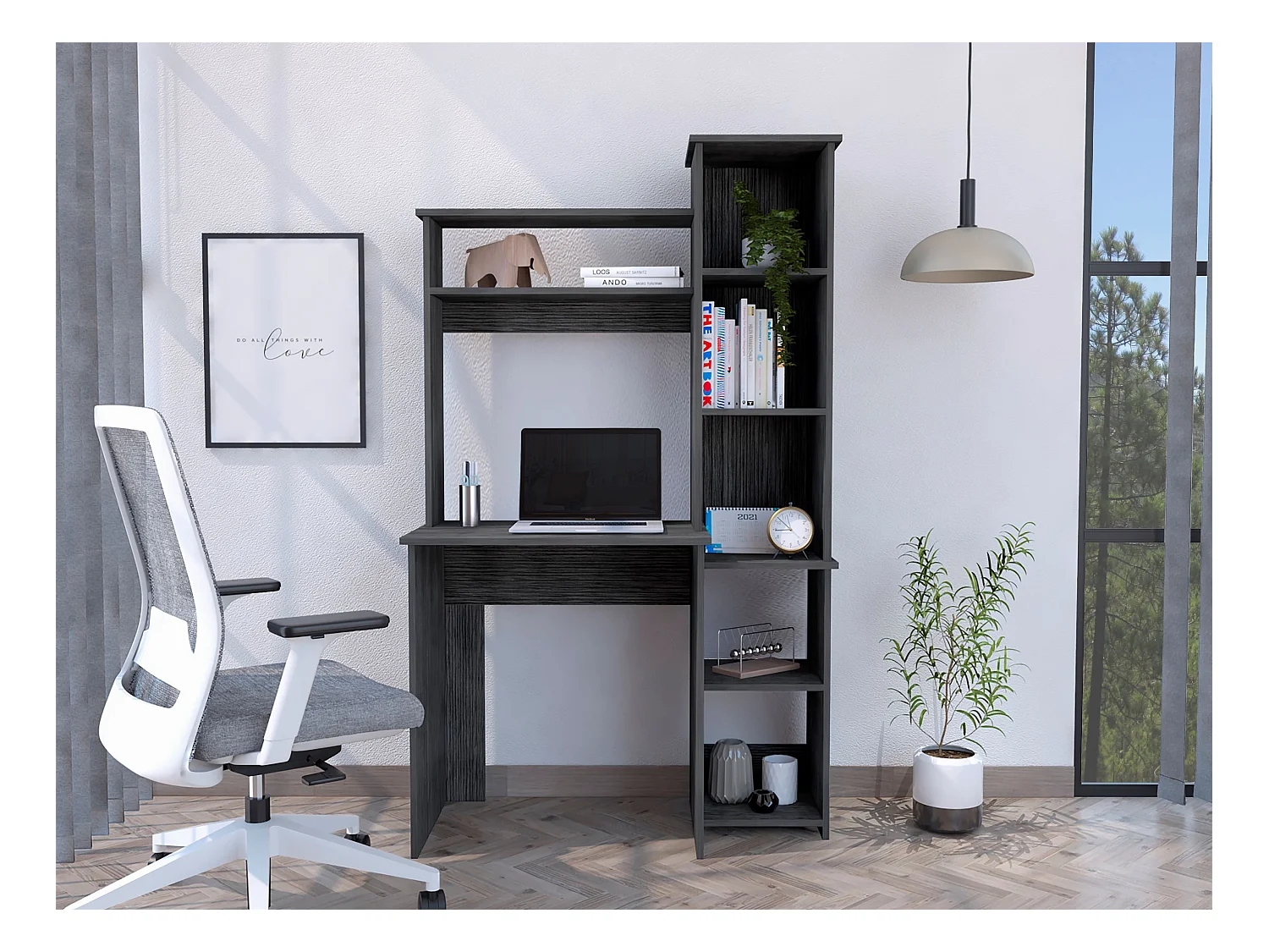 Bureau Versailles avec bibliothèque, 162.30 cm X 98.29 cm X 45.21 cm, Chêne gris