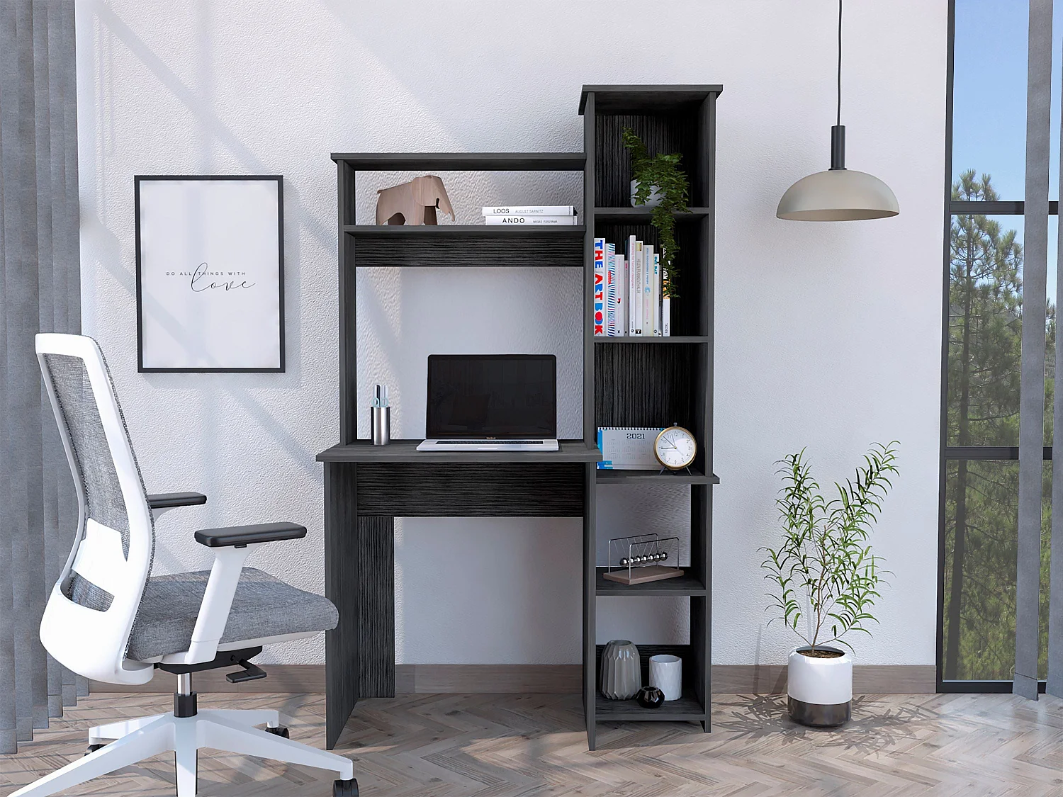 Bureau Versailles avec bibliothèque, 162.30 cm X 98.29 cm X 45.21 cm, Chêne gris