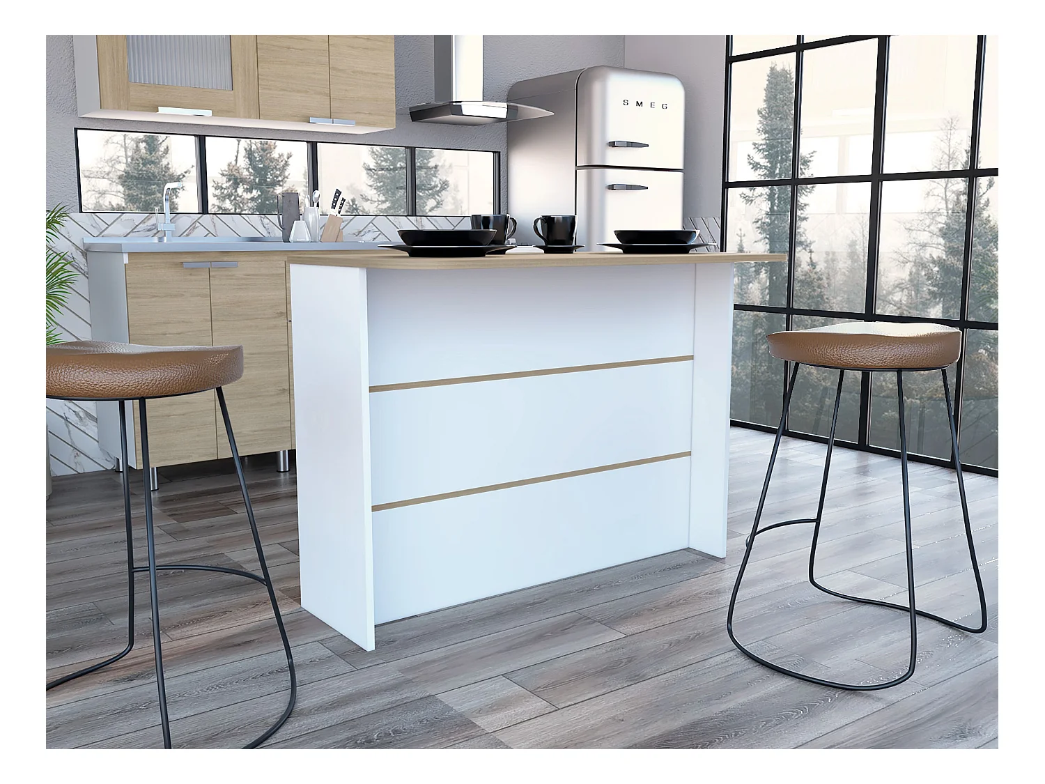 Barra de Cocina Fendi en melamina con tres estantes ,  90 X 120 X 60 cm  , Blanco / Miel