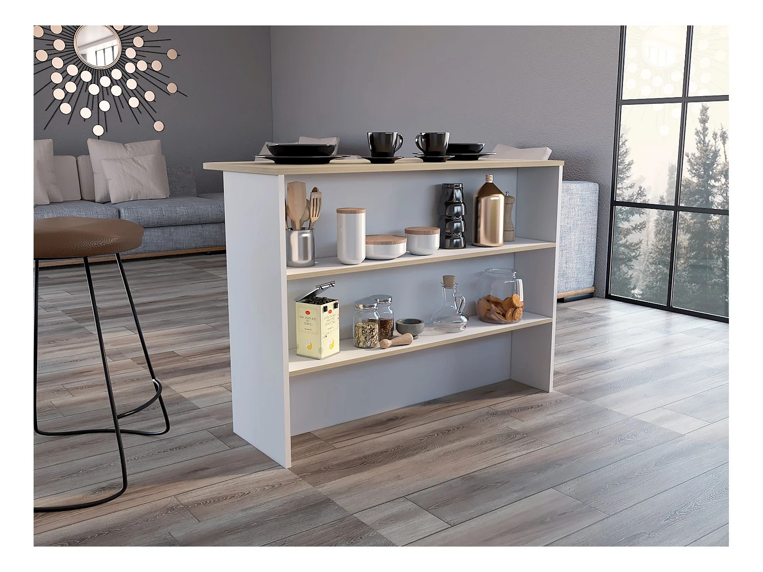 Bar de cuisine en mélamine Fendi avec trois étagères , 90 X 120 X 60 cm , Blanc / Miel