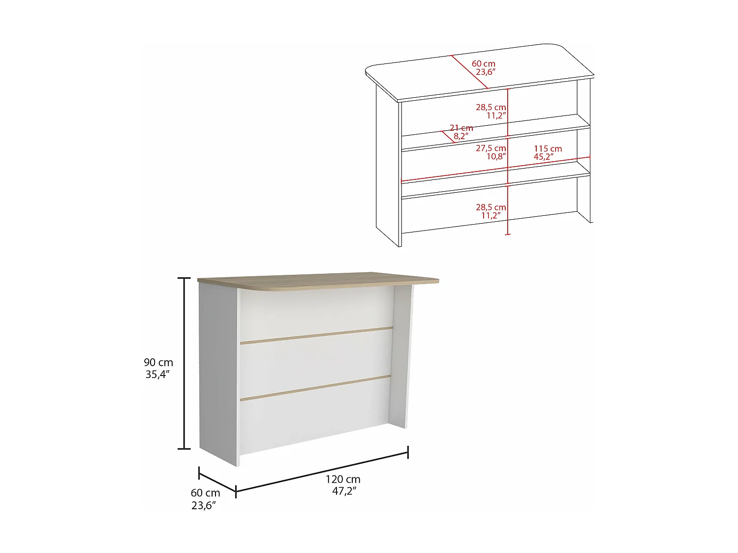 Bar da cucina Fendi in melamina con tre ripiani , 90 X 120 X 60 cm , Bianco / Miele