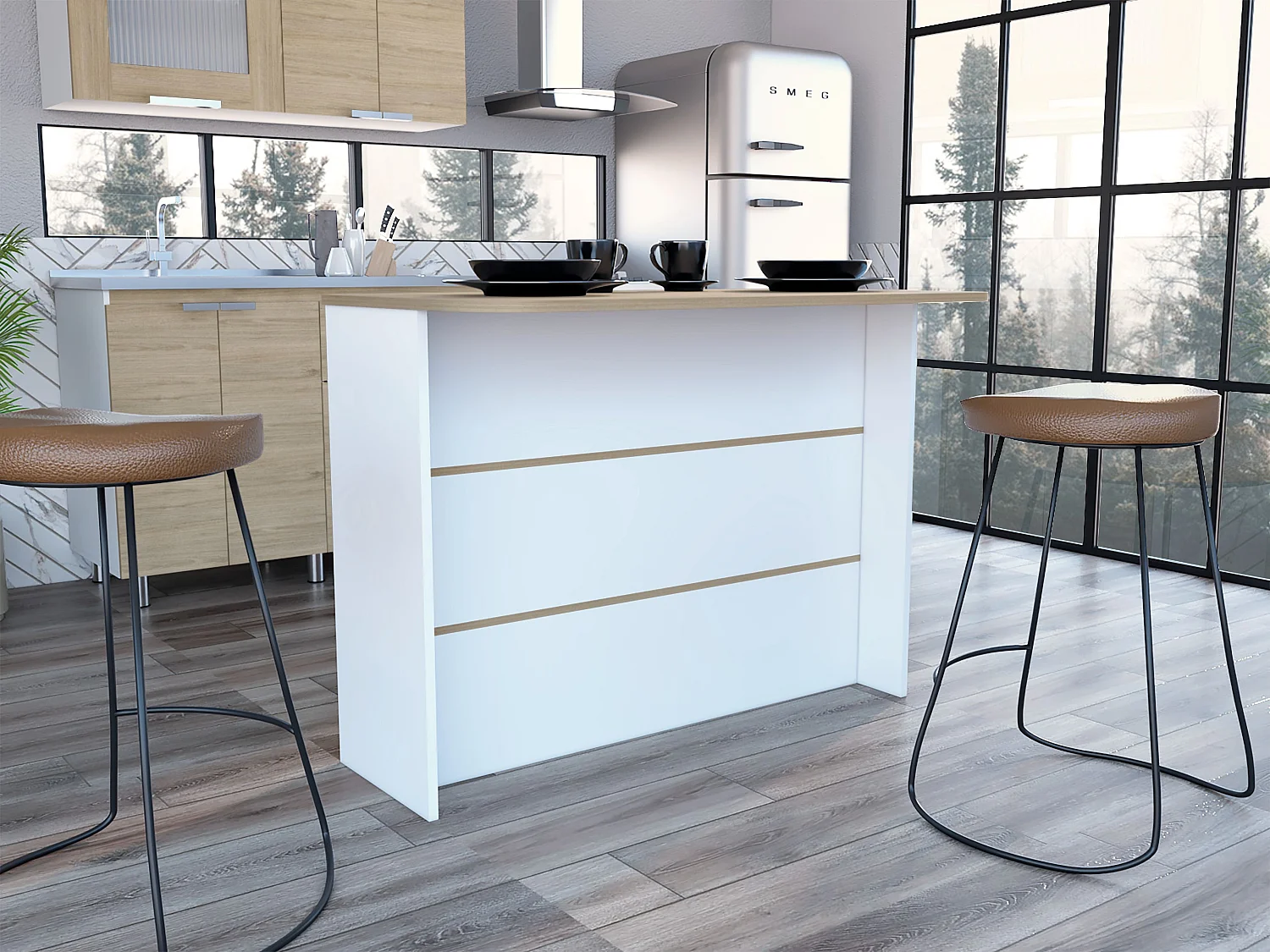 Bar da cucina Fendi in melamina con tre ripiani , 90 X 120 X 60 cm , Bianco / Miele