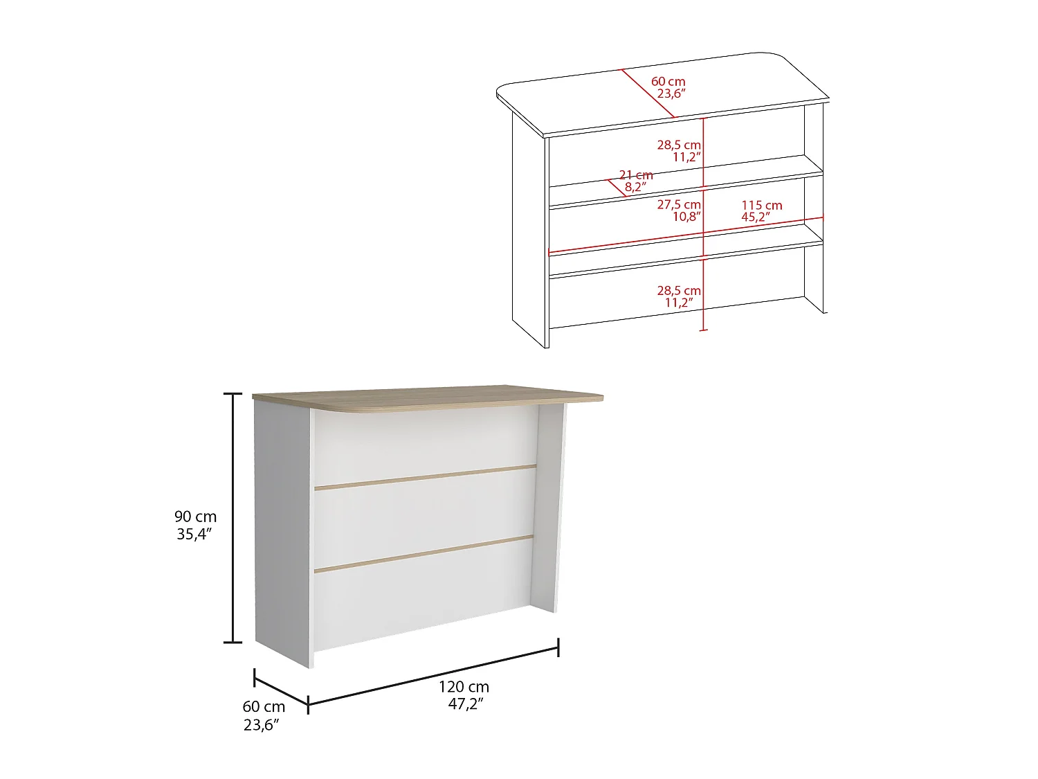 TUHOME CONCEPT Isola da cucina Fendi da 120 cm, rovere chiaro e bianco
