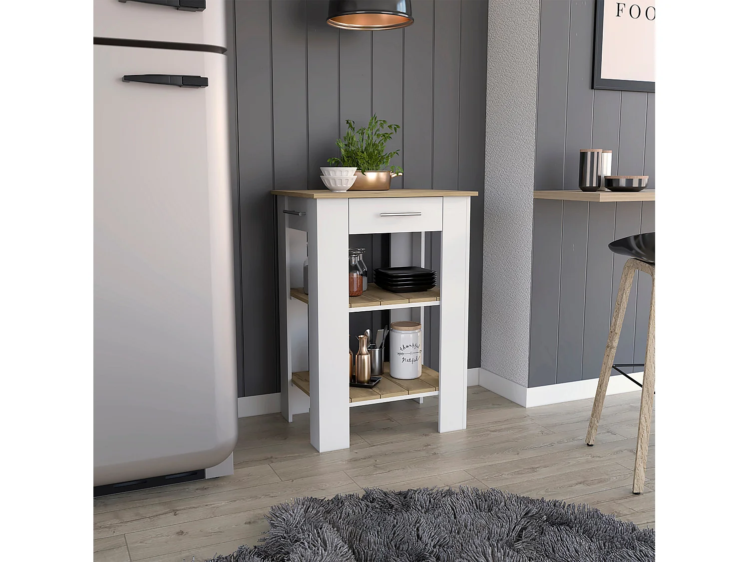 Îlot de cuisine CALA W65, avec deux étagères ouvertes et un tiroir, 93,4 cm à x 65 cm le x 50,8 cm P, blanc / macadamia