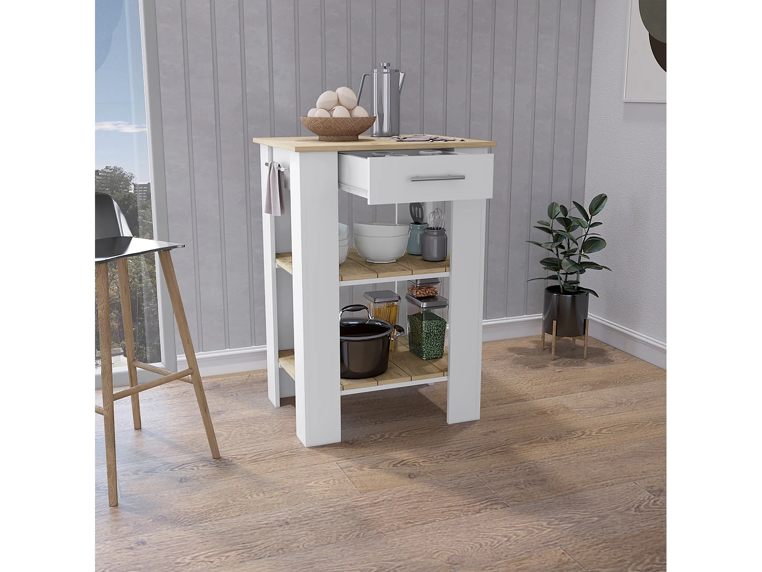 Îlot de cuisine CALA W65, avec deux étagères ouvertes et un tiroir, 93,4 cm à x 65 cm le x 50,8 cm P, blanc / macadamia