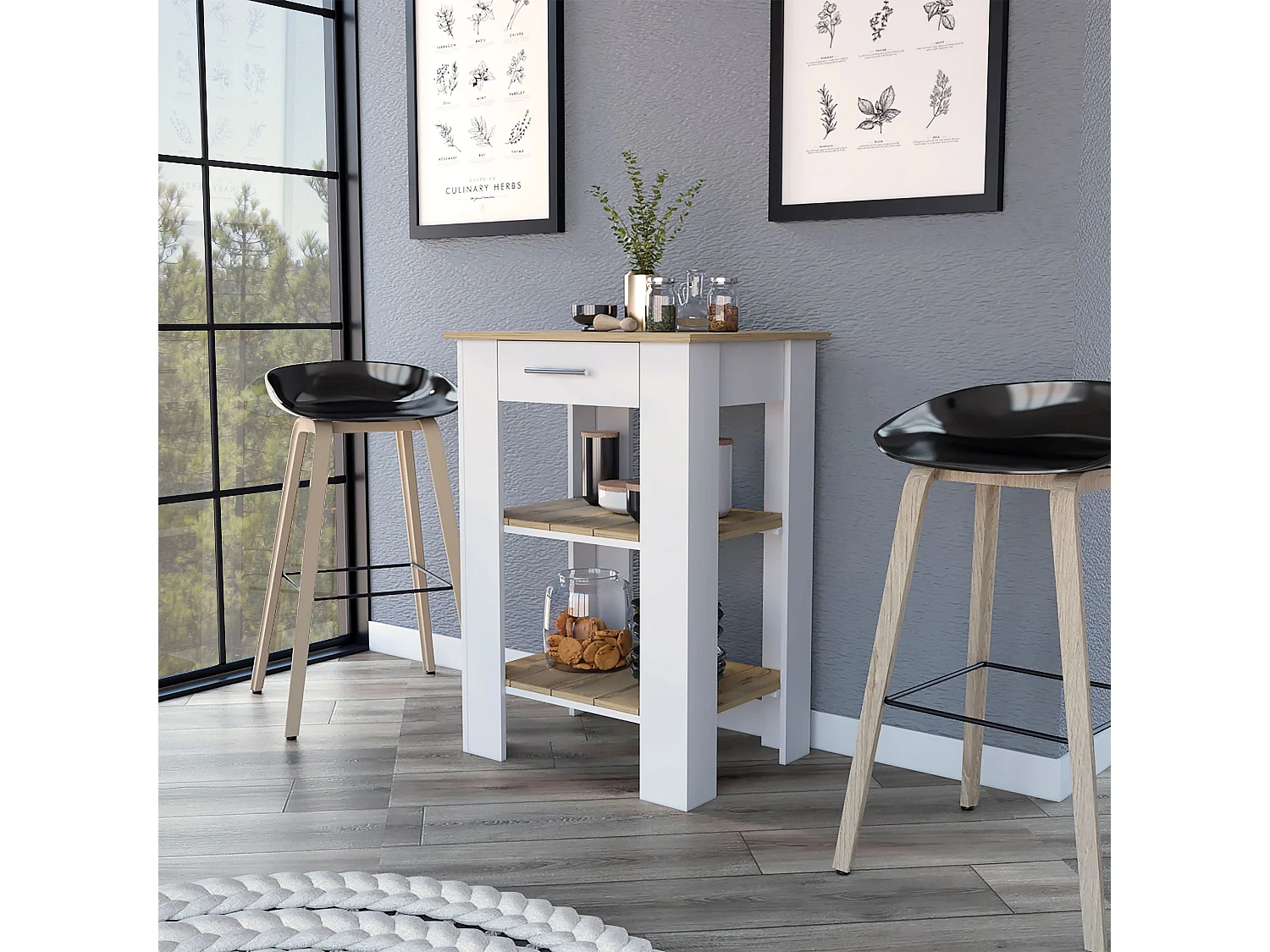 Îlot de cuisine CALA W65, avec deux étagères ouvertes et un tiroir, 93,4 cm à x 65 cm le x 50,8 cm P, blanc / macadamia