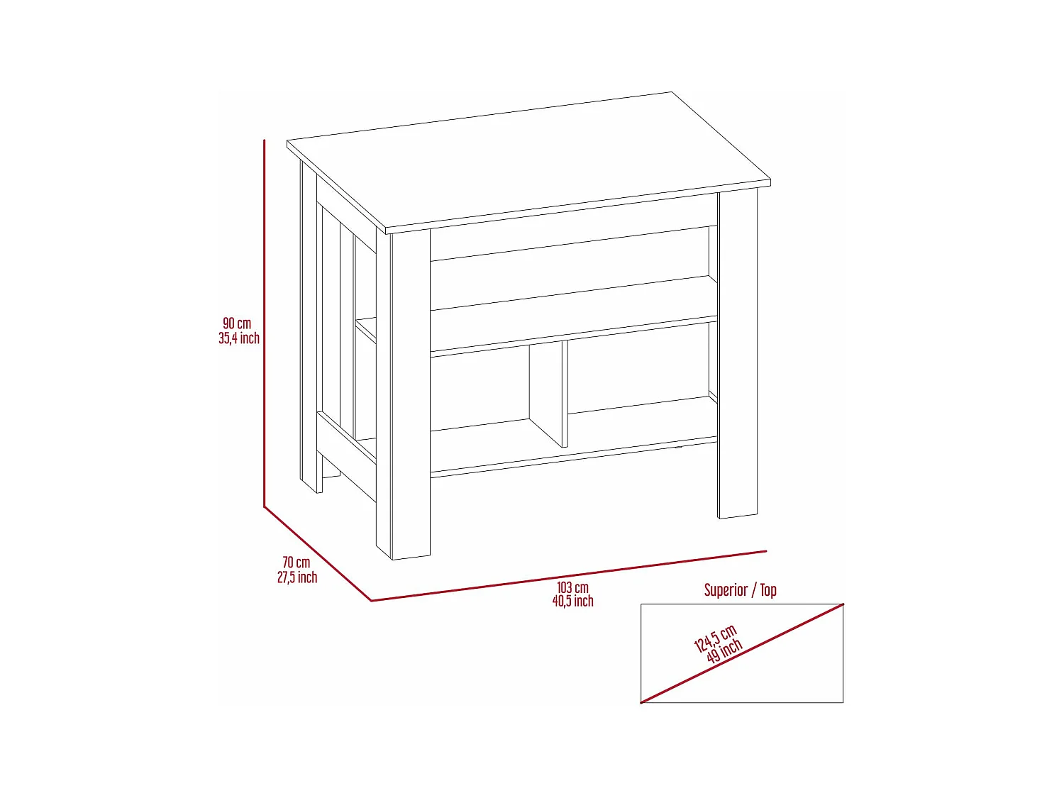 Isola da cucina Cala in melamina con tre ripiani , 89.99 cm X 102.99 cm X 69.97 cm , Bianco / Duna