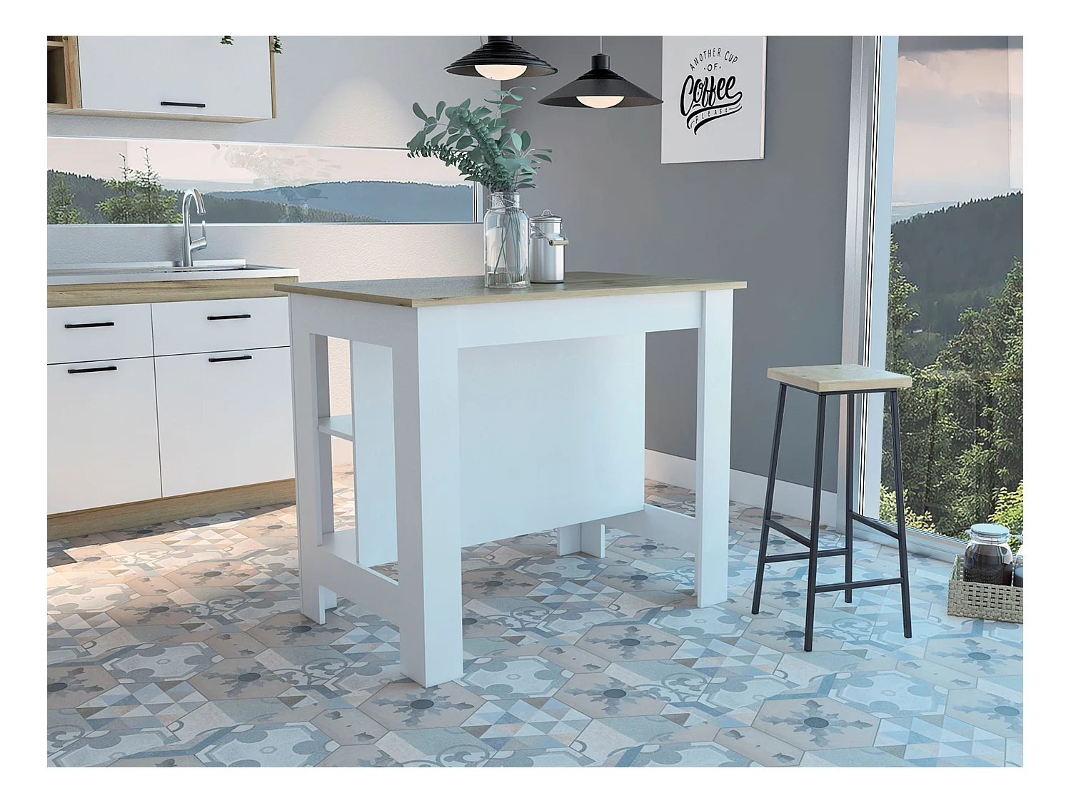 Isola da cucina Cala in melamina con tre ripiani , 89.99 cm X 102.99 cm X 69.97 cm , Bianco / Duna