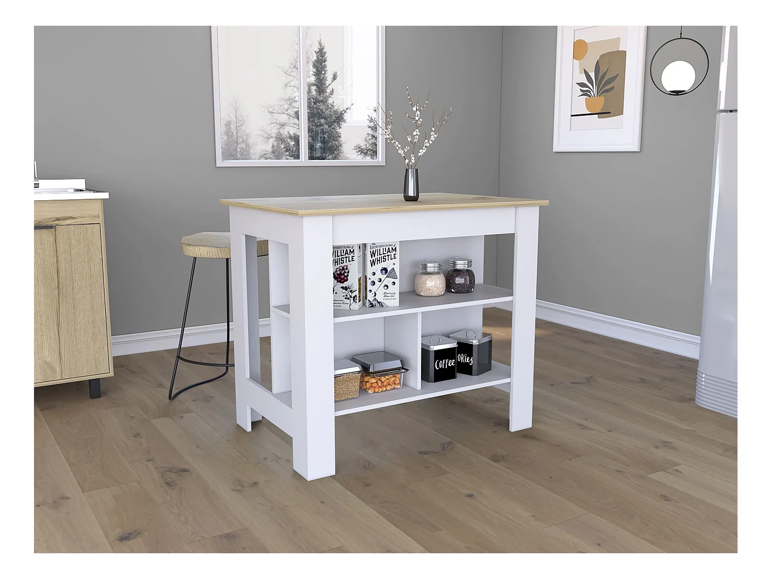 Isola da cucina Cala in melamina con tre ripiani , 89.99 cm X 102.99 cm X 69.97 cm , Bianco / Duna