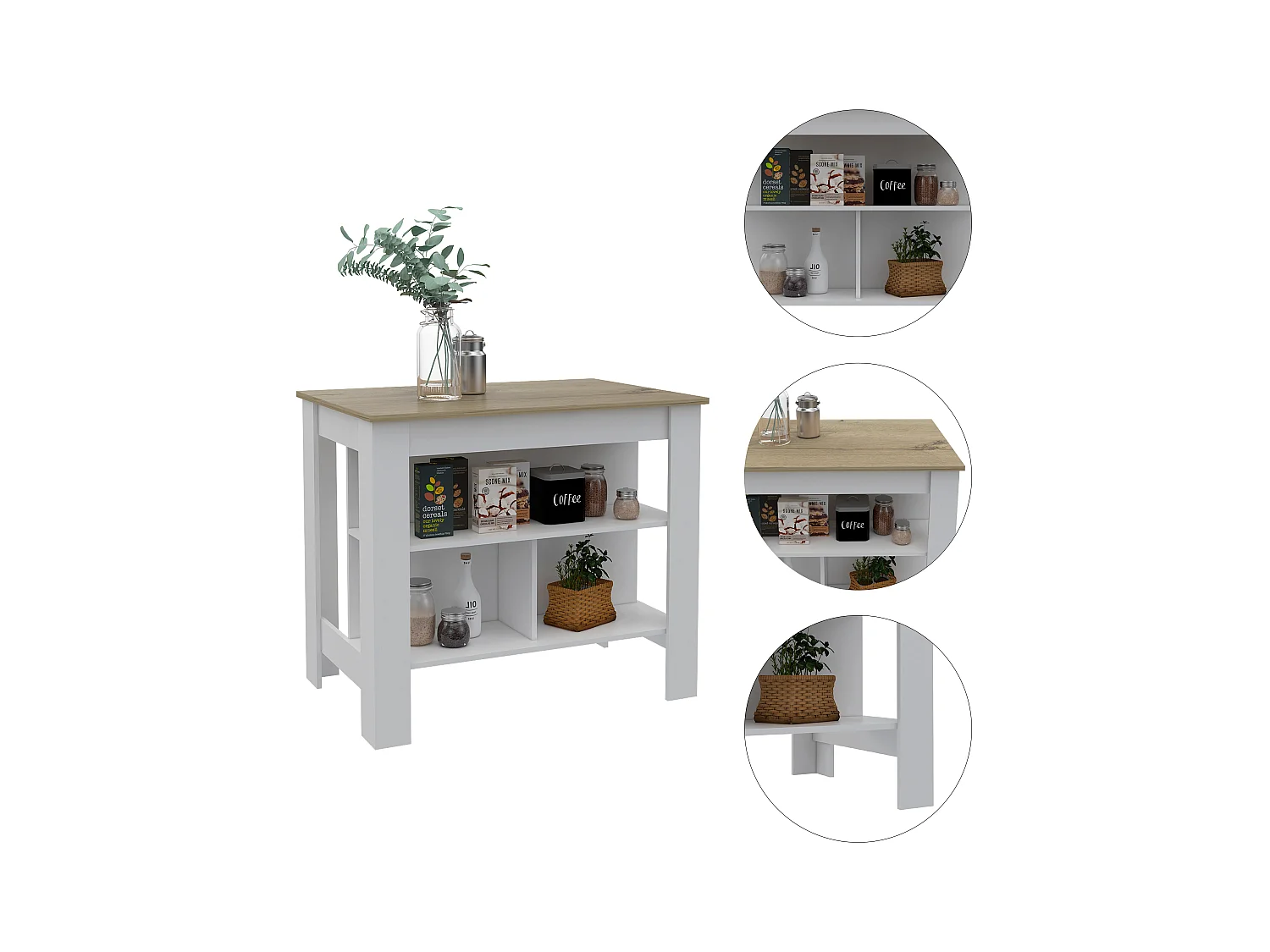 Isola da cucina Cala in melamina con tre ripiani , 89.99 cm X 102.99 cm X 69.97 cm , Bianco / Duna