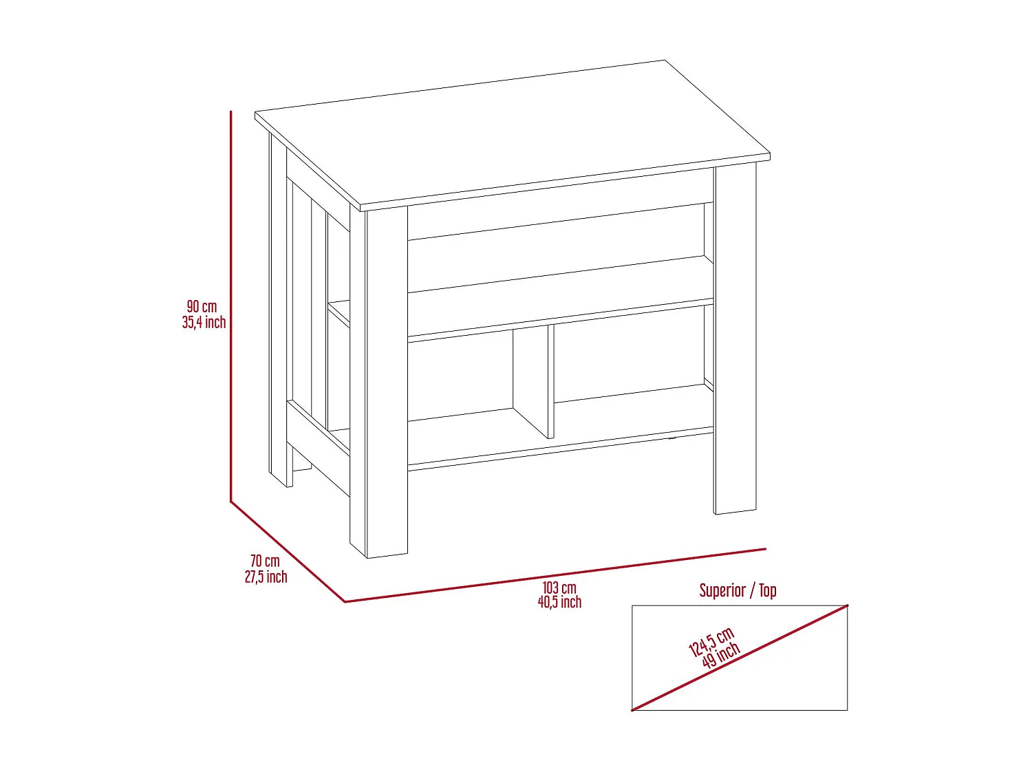 Isla de Cocina Cala en melamina con tres estantes  , 89.99 cm  X 102.99 cm  X 69.97 cm  , Blanco / Duna