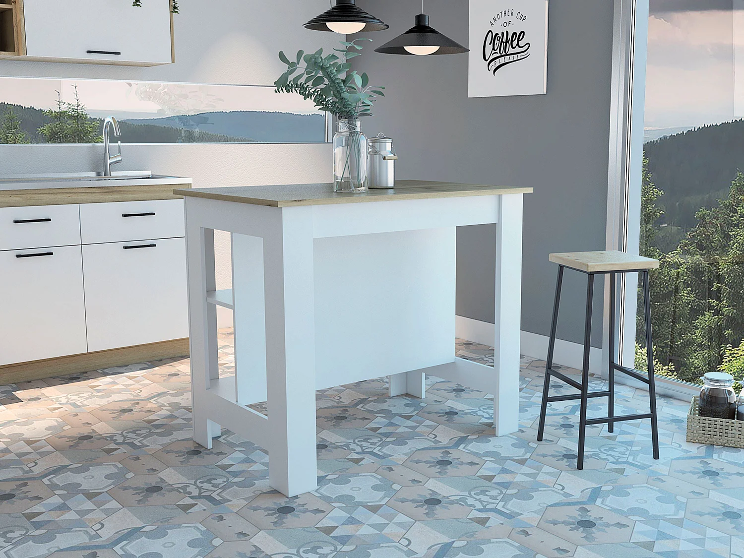 Îlot de cuisine Cala de 103 cm, chêne sable et blanc
