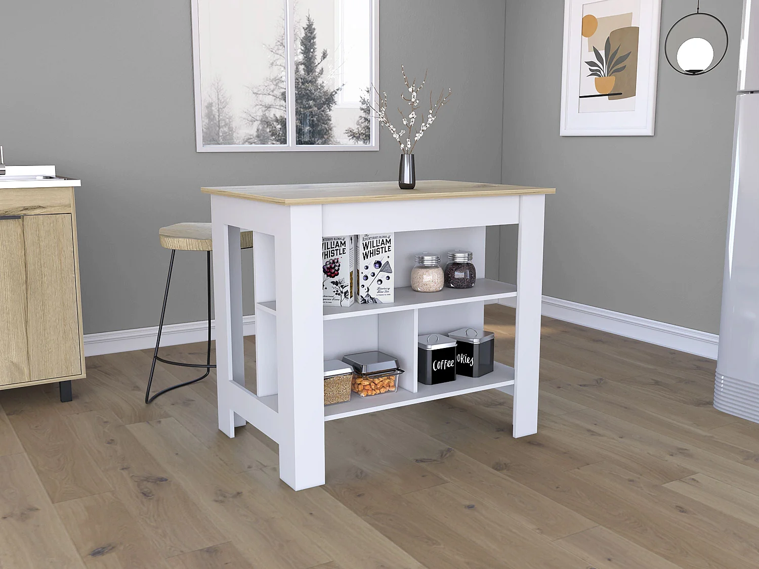 Îlot de cuisine Cala de 103 cm, chêne sable et blanc