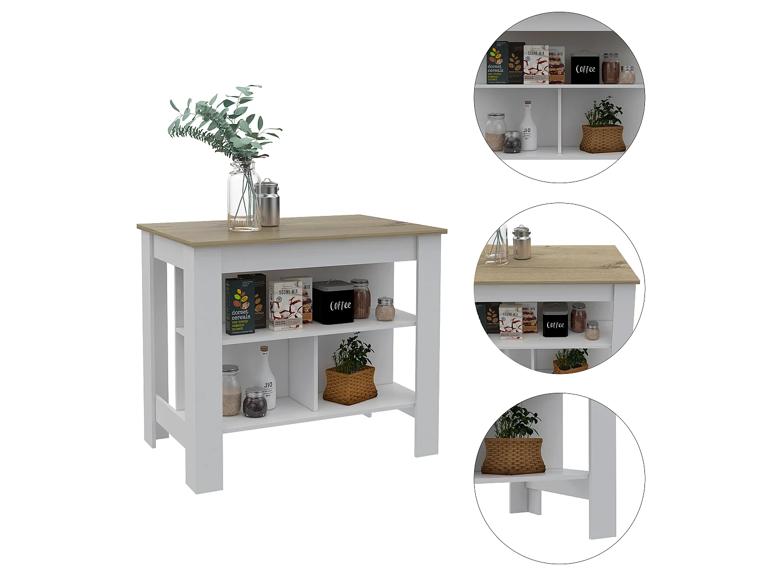 Îlot de cuisine Cala de 103 cm, chêne sable et blanc