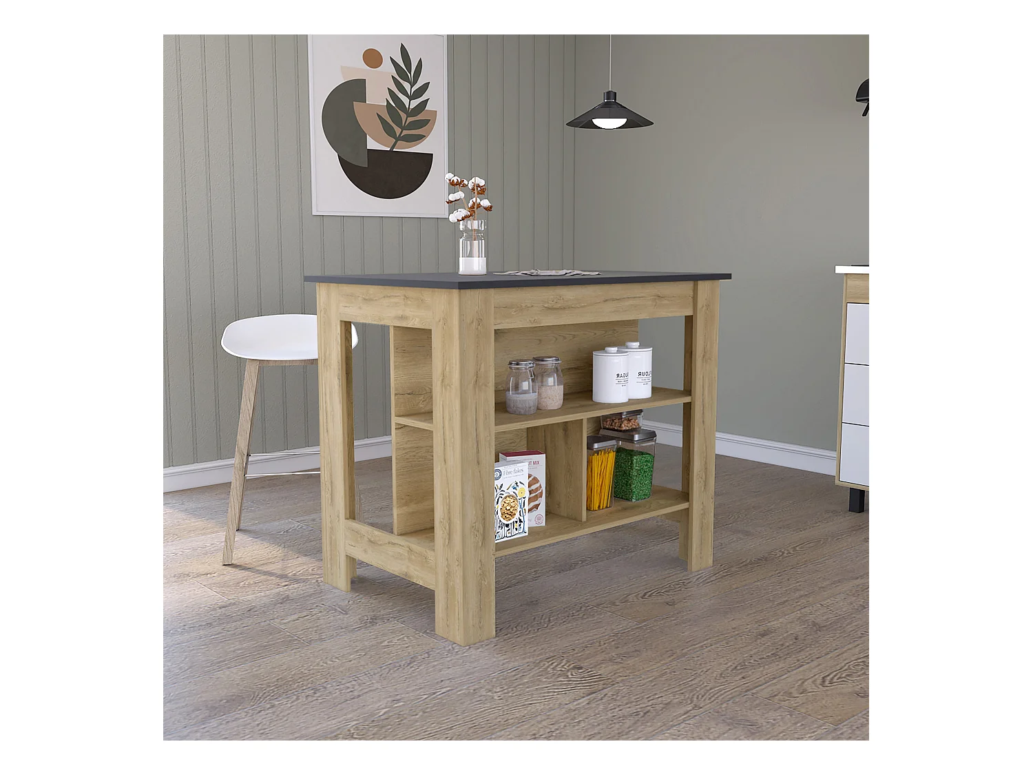 Isla de cocina Cala tres estantes y cuatro patas Macadamia / Negro