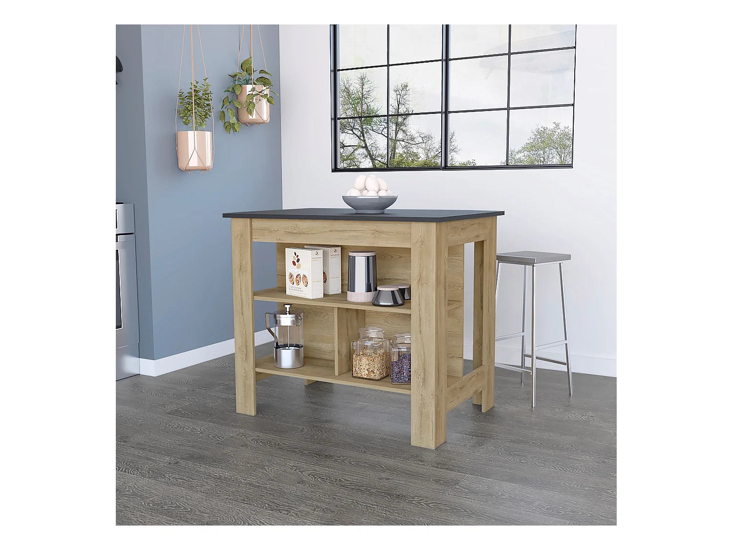 Isla de cocina Cala tres estantes y cuatro patas Macadamia / Negro