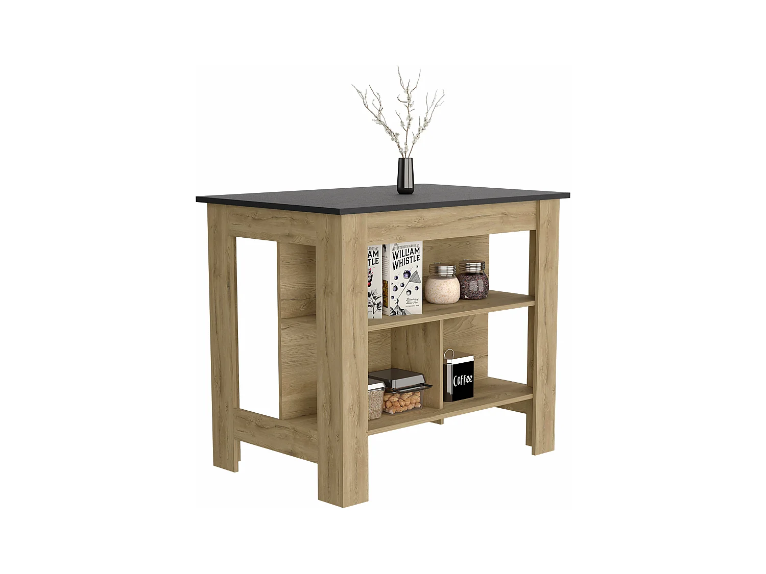 Isla de cocina Cala tres estantes y cuatro patas Macadamia / Negro