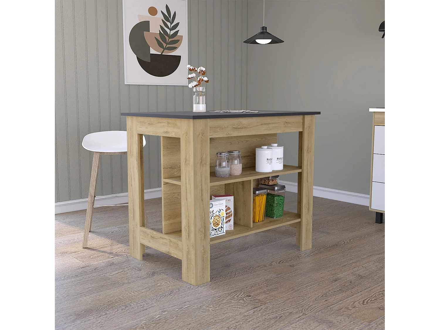 Cala Cooking Island, tre ripiani e quattro gambe, 90 cm a x 103 cm e 70 cm P, macadamia/Nero