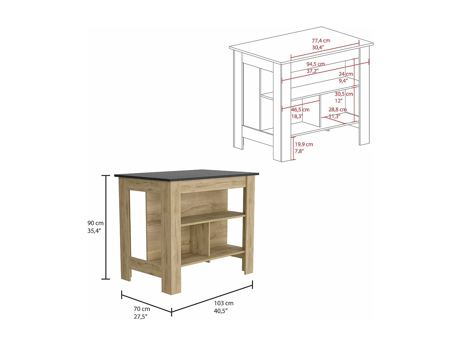 Cala Cooking Island, tre ripiani e quattro gambe, 90 cm a x 103 cm e 70 cm P, macadamia/Nero
