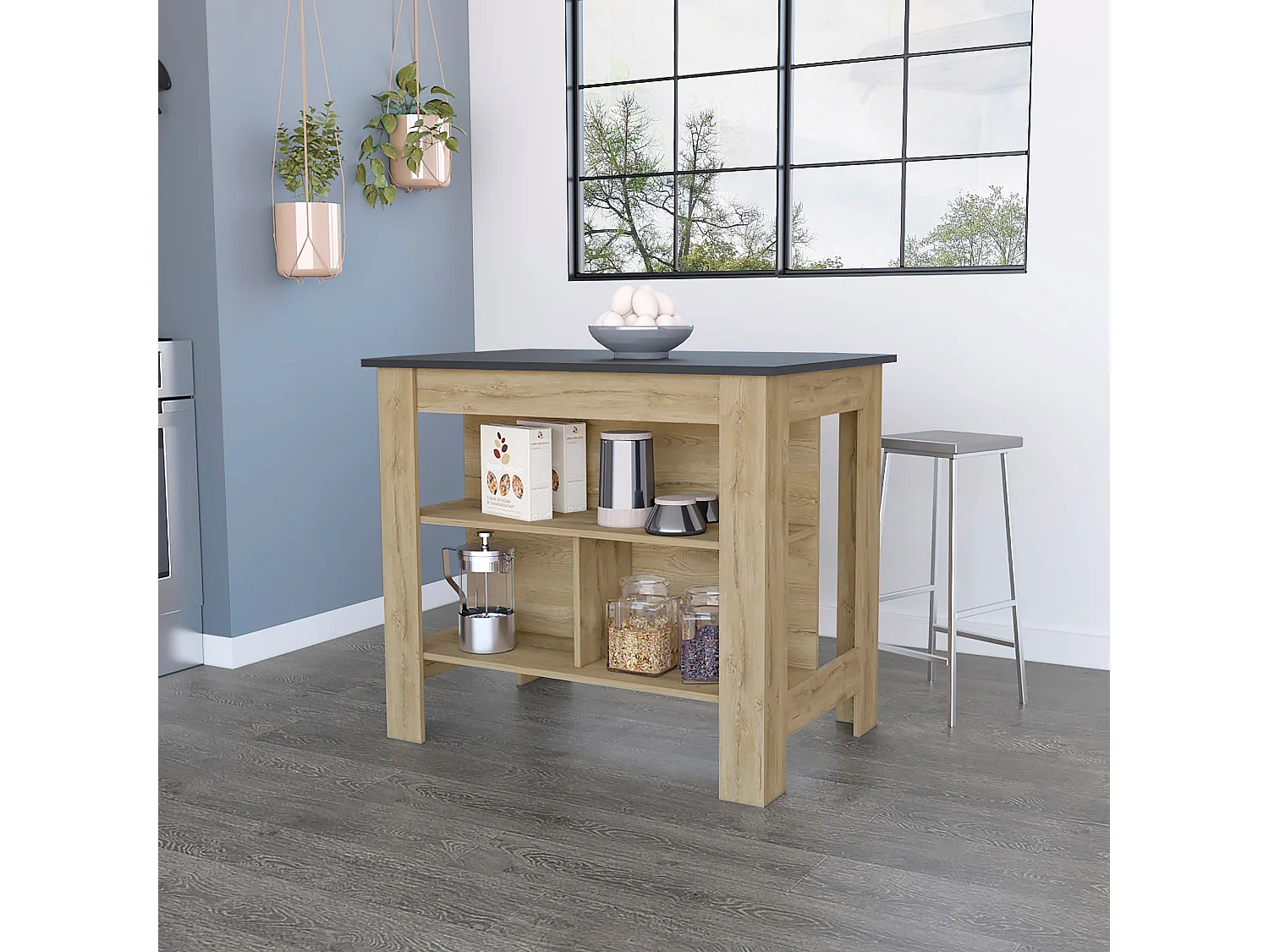 Cala Cooking Island, tre ripiani e quattro gambe, 90 cm a x 103 cm e 70 cm P, macadamia/Nero