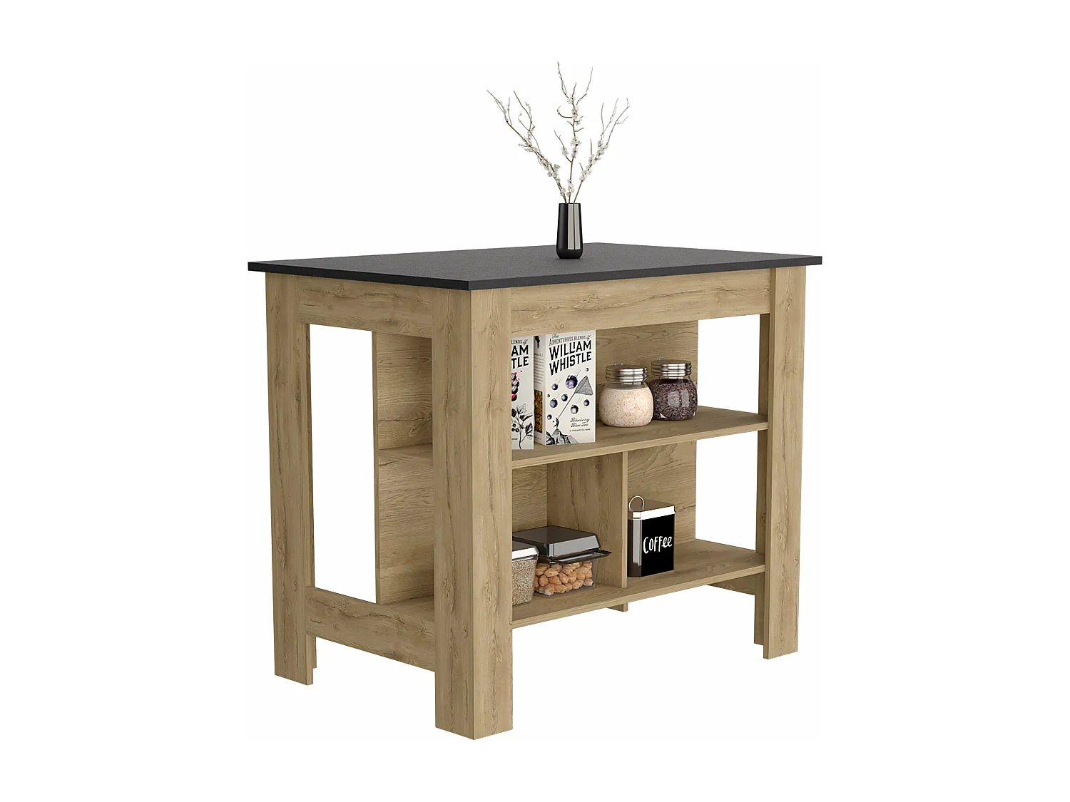 Cala Cooking Island, tre ripiani e quattro gambe, 90 cm a x 103 cm e 70 cm P, macadamia/Nero